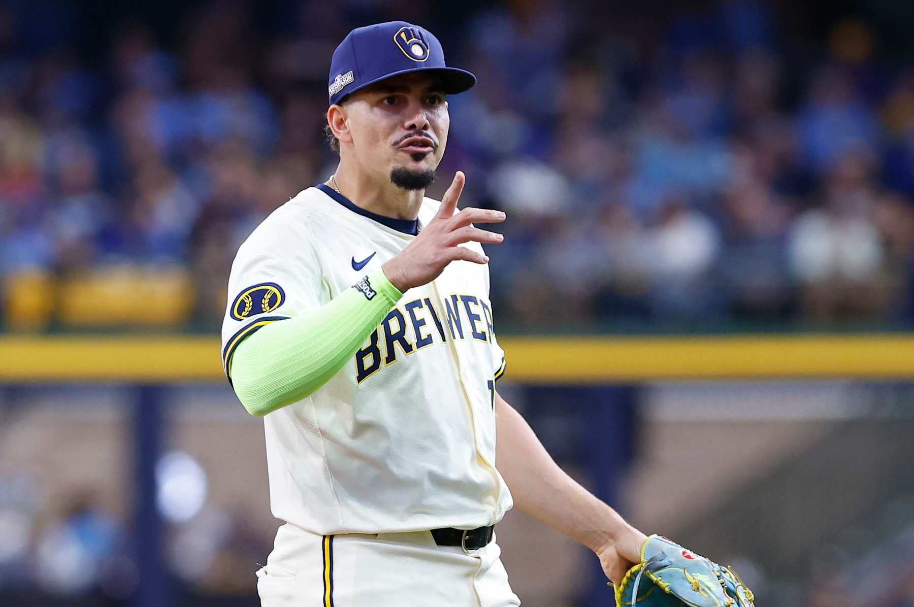 MILWAUKEE, WI - OCTOBER 01: Milwaukee Brewers shortstop Willy Adames (27) reacts to comments from New York Mets outfielder Jesse Winker (3) during a 2024 National League Wild Card game between the Milwaukee Brewers and the New York Mets on October 1, 2024, at American Family Field in Milwaukee, WI. (Photo by Larry Radloff/Icon Sportswire via Getty Images)