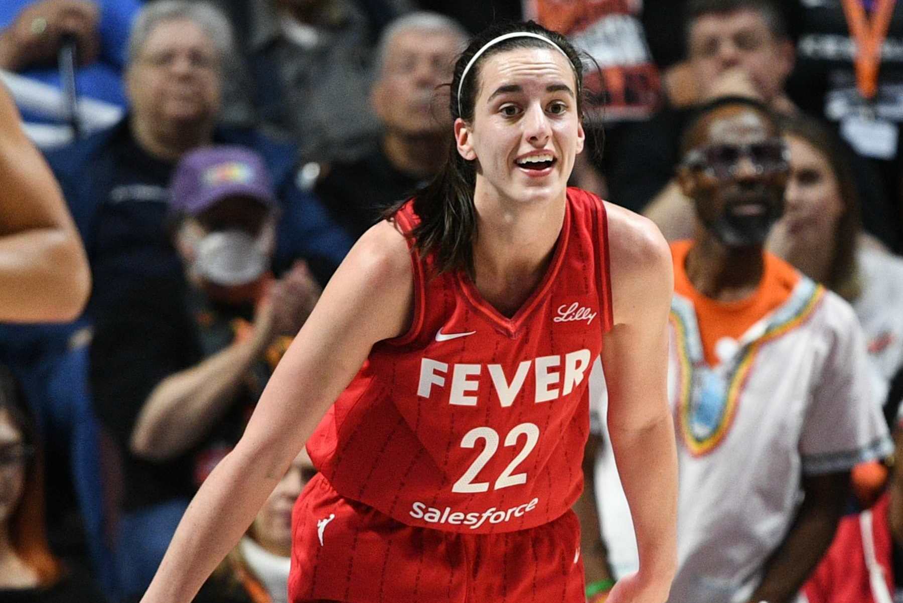 UNCASVILLE, CT - SEPTEMBER 25: Indiana Fever guard Caitlin Clark (22) reacts during game 2 of the first round of the WNBA Playoffs between the Indiana Fever and the Connecticut Sun on September 25, 2024, at Mohegan Sun Arena in Uncasville, CT. (Photo by Erica Denhoff/Icon Sportswire via Getty Images)