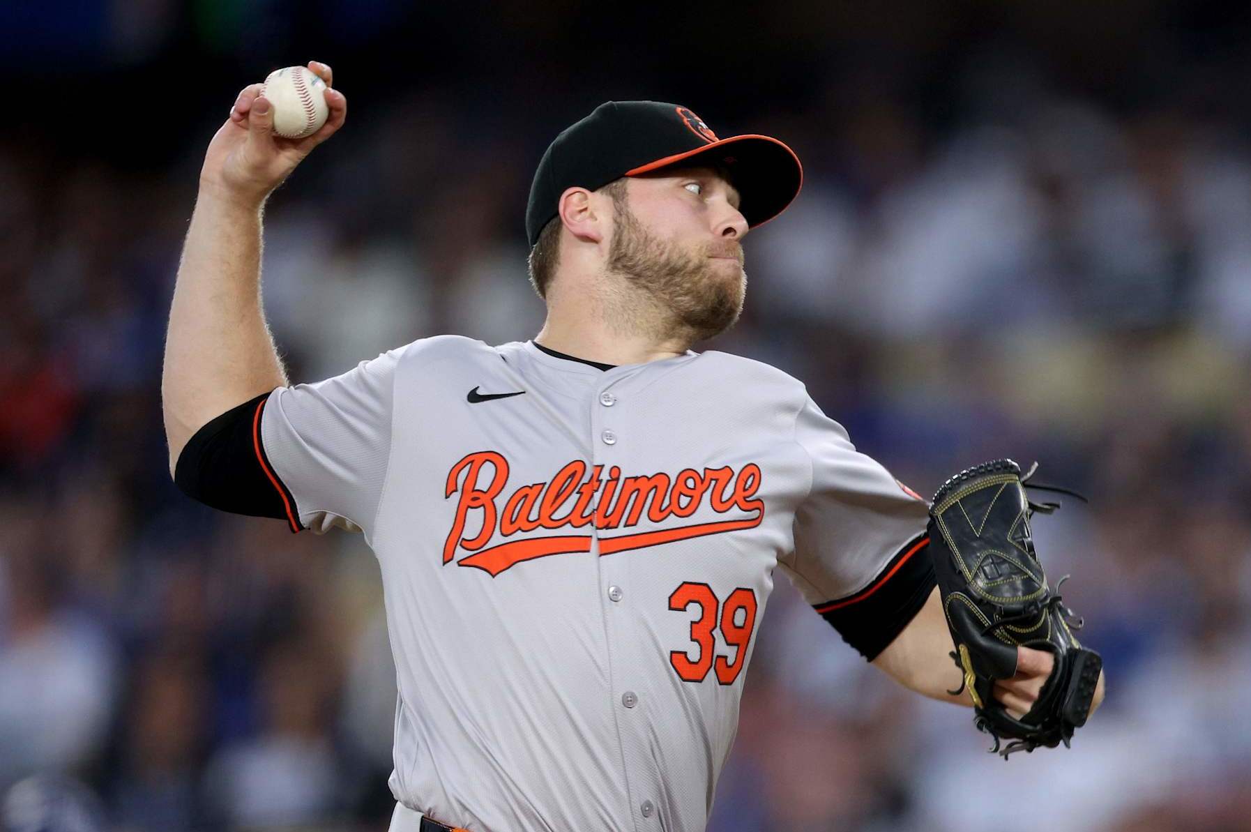 LOS ANGELES, CALIFORNIA - AUGUST 28: Corbin Burnes #39 of the Baltimore Orioles pitches against the Los Angeles Dodgers in a 6-4 loss at Dodger Stadium on August 28, 2024 in Los Angeles, California. (Photo by Harry How/Getty Images)