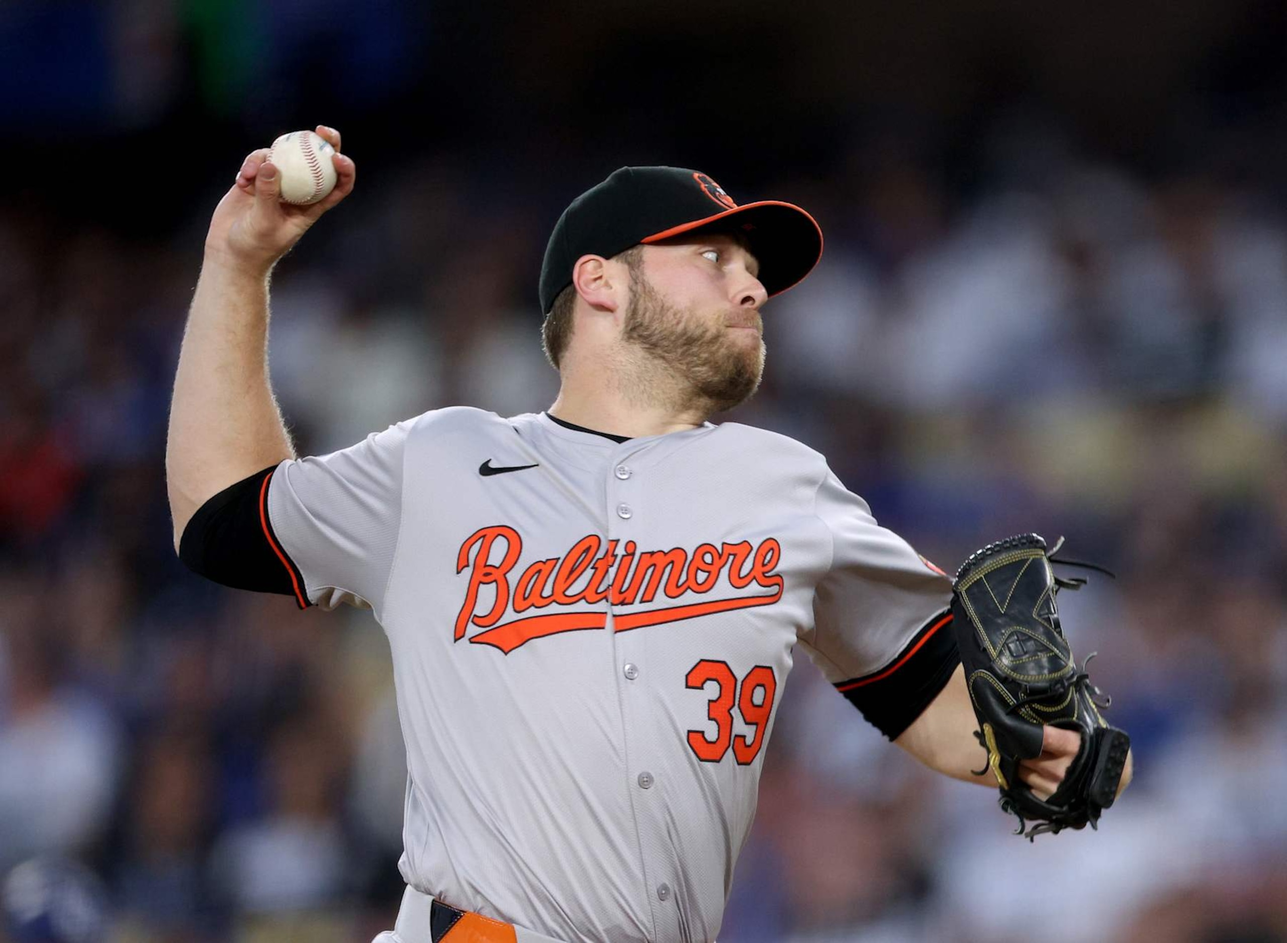 LOS ANGELES, CALIFORNIA - AUGUST 28: Corbin Burnes #39 of the Baltimore Orioles pitches against the Los Angeles Dodgers in a 6-4 loss at Dodger Stadium on August 28, 2024 in Los Angeles, California. (Photo by Harry How/Getty Images)
