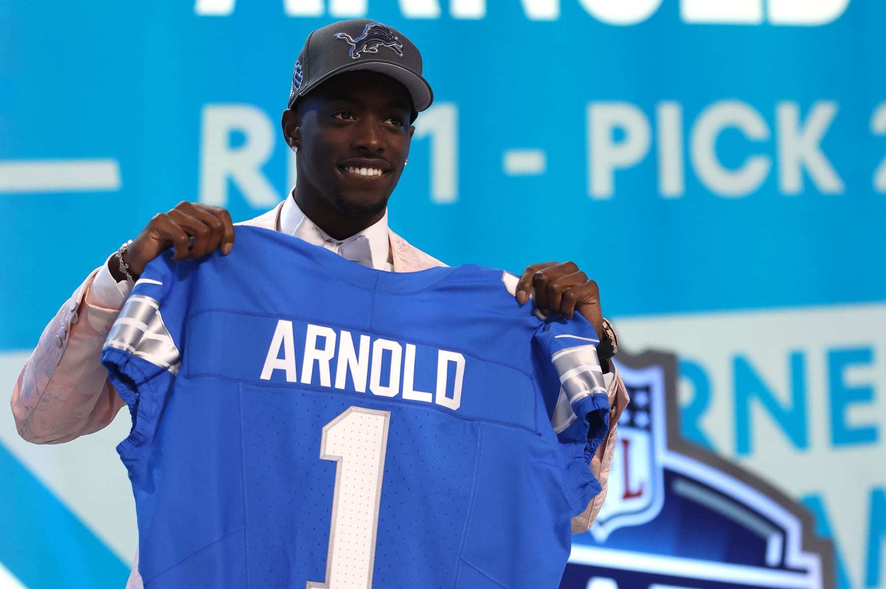 DETROIT, MICHIGAN - APRIL 25: Terrion Arnold poses after being selected 24th overall by the Detroit Lions during the first round of the 2024 NFL Draft at Campus Martius Park and Hart Plaza on April 25, 2024 in Detroit, Michigan. (Photo by Gregory Shamus/Getty Images)