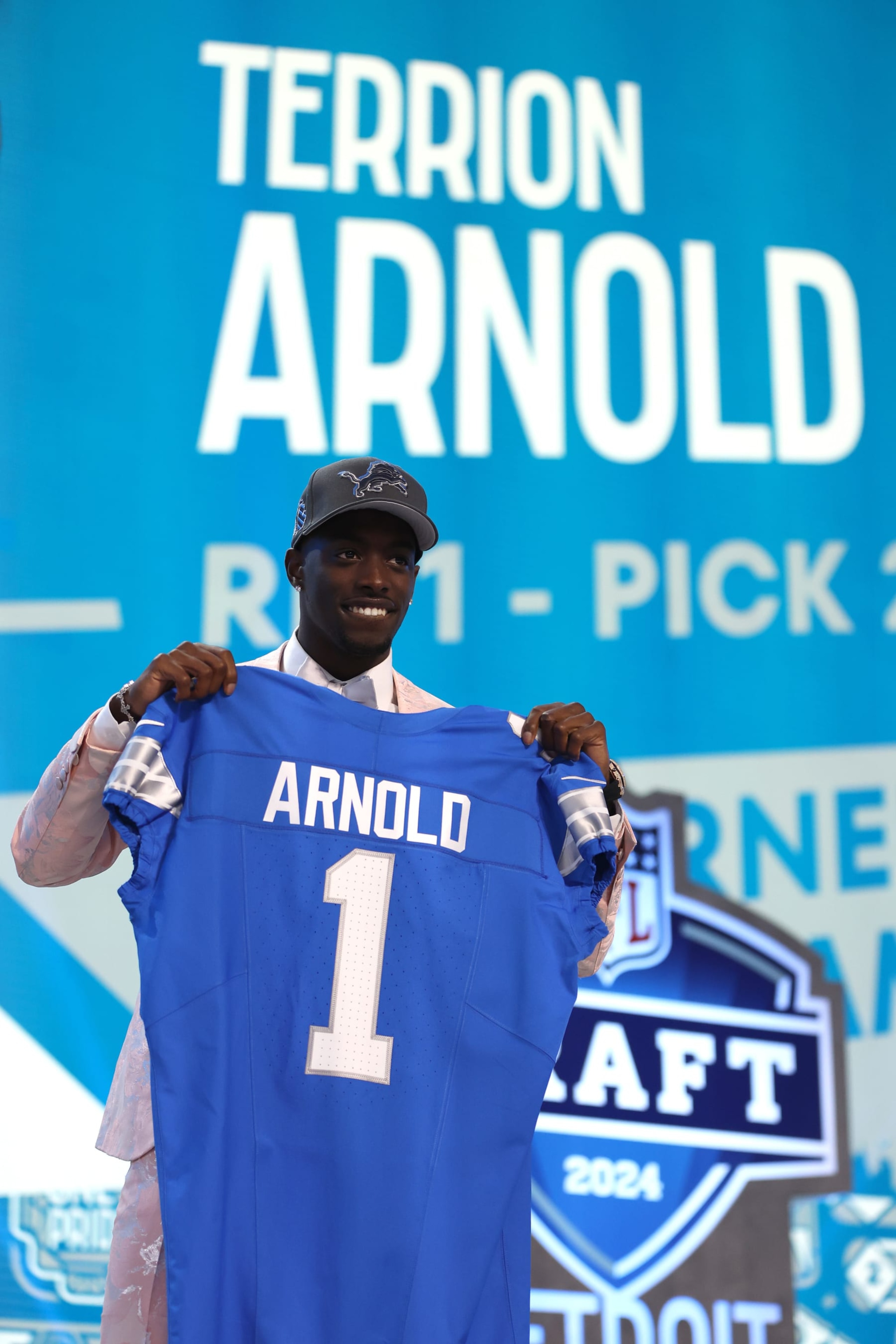 DETROIT, MICHIGAN - APRIL 25: Terrion Arnold poses after being selected 24th overall by the Detroit Lions during the first round of the 2024 NFL Draft at Campus Martius Park and Hart Plaza on April 25, 2024 in Detroit, Michigan. (Photo by Gregory Shamus/Getty Images)