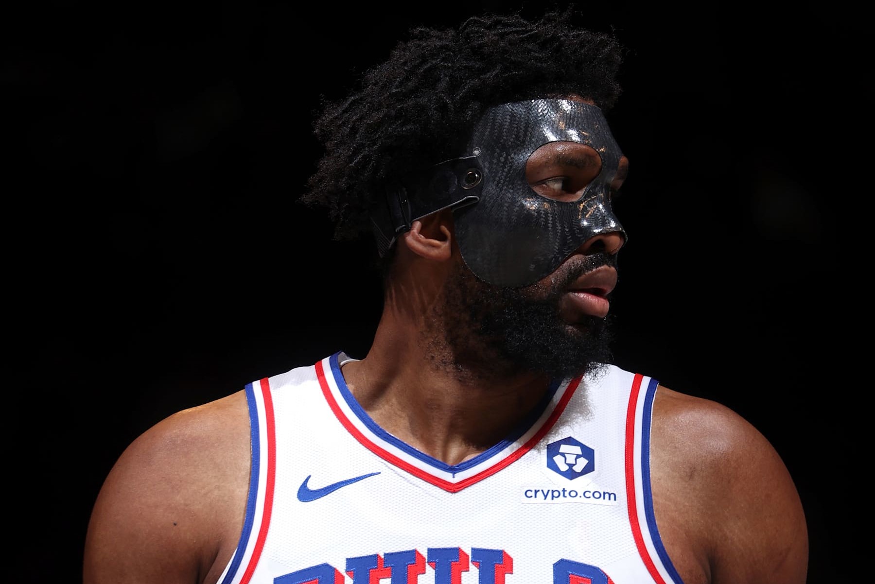 BROOKLYN, NY - JANUARY 4: Joel Embiid #21 of the Philadelphia 76ers looks on during the game against the Brooklyn Nets on January 4, 2025 at Barclays Center in Brooklyn, New York. NOTE TO USER: User expressly acknowledges and agrees that, by downloading and or using this Photograph, user is consenting to the terms and conditions of the Getty Images License Agreement. Mandatory Copyright Notice: Copyright 2025 NBAE (Photo by Nathaniel S. Butler/NBAE via Getty Images)