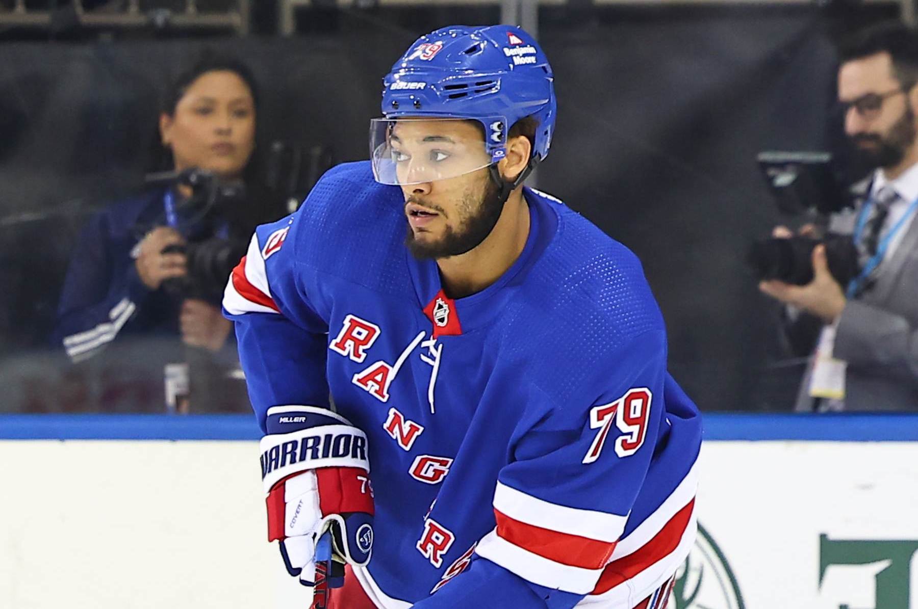 NEW YORK, NY - MAY 30: K'Andre Miller #79 of the New York Rangers skates during  the National Hockey League Eastern Conference Final game 5 against the Florida Panthers on May 30, 2024 at Madison Square Garden in New York.  (Photo by Rich Graessle/Icon Sportswire via Getty Images)