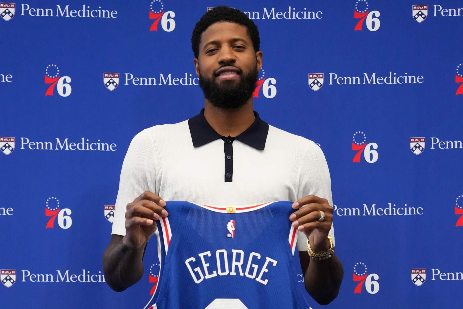 PHILADELPHIA, PA - JULY 23: Paul George #8 of the Philadelphia 76ers poses for a photo during his Philadelphia 76ers introductory press conference on July 23, 2024 at the Wells Fargo Center in Philadelphia, Pennsylvania NOTE TO USER: User expressly acknowledges and agrees that, by downloading and/or using this Photograph, user is consenting to the terms and conditions of the Getty Images License Agreement. Mandatory Copyright Notice: Copyright 2024 NBAE (Photo by Jesse D. Garrabrant/NBAE via Getty Images)