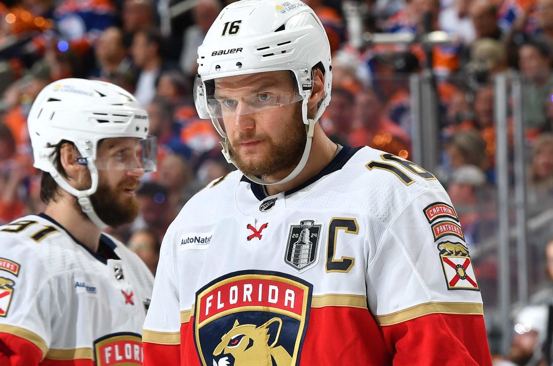 EDMONTON, CANADA - JUNE 15: Aleksander Barkov #16 of the Florida Panthers awaits a face-off during Game Four of the 2024 Stanley Cup Final against the Edmonton Oilers at Rogers Place on June 15, 2024, in Edmonton, Alberta, Canada. (Photo by Andy Devlin/NHLI via Getty Images)