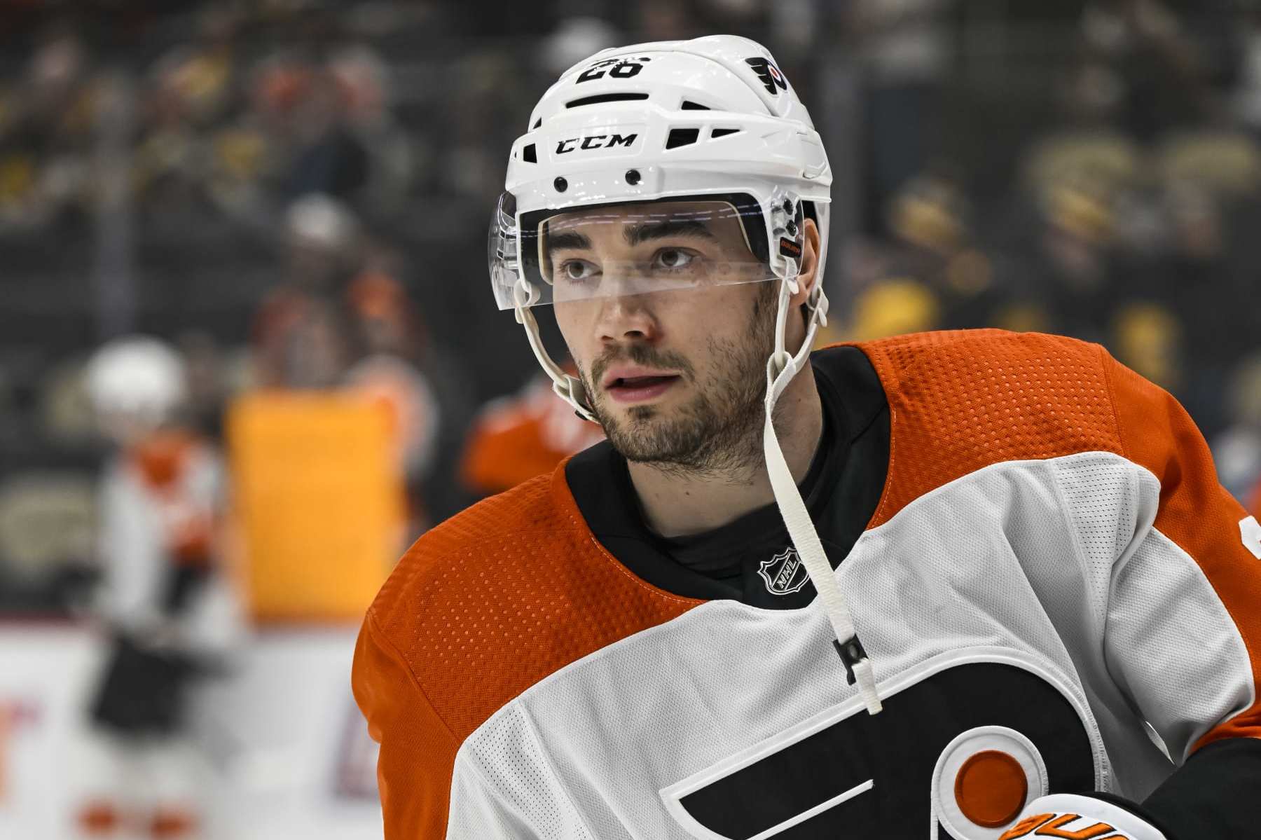 PITTSBURGH, PA - FEBRUARY 25: Philadelphia Flyers defenseman Sean Walker (26) warms up before the game between the Pittsburgh Penguins and the Philadelphia Flyers on February 25, 2024, at PPG Paints Arena in Pittsburgh, PA. (Photo by Jeanine Leech/Icon Sportswire via Getty Images)