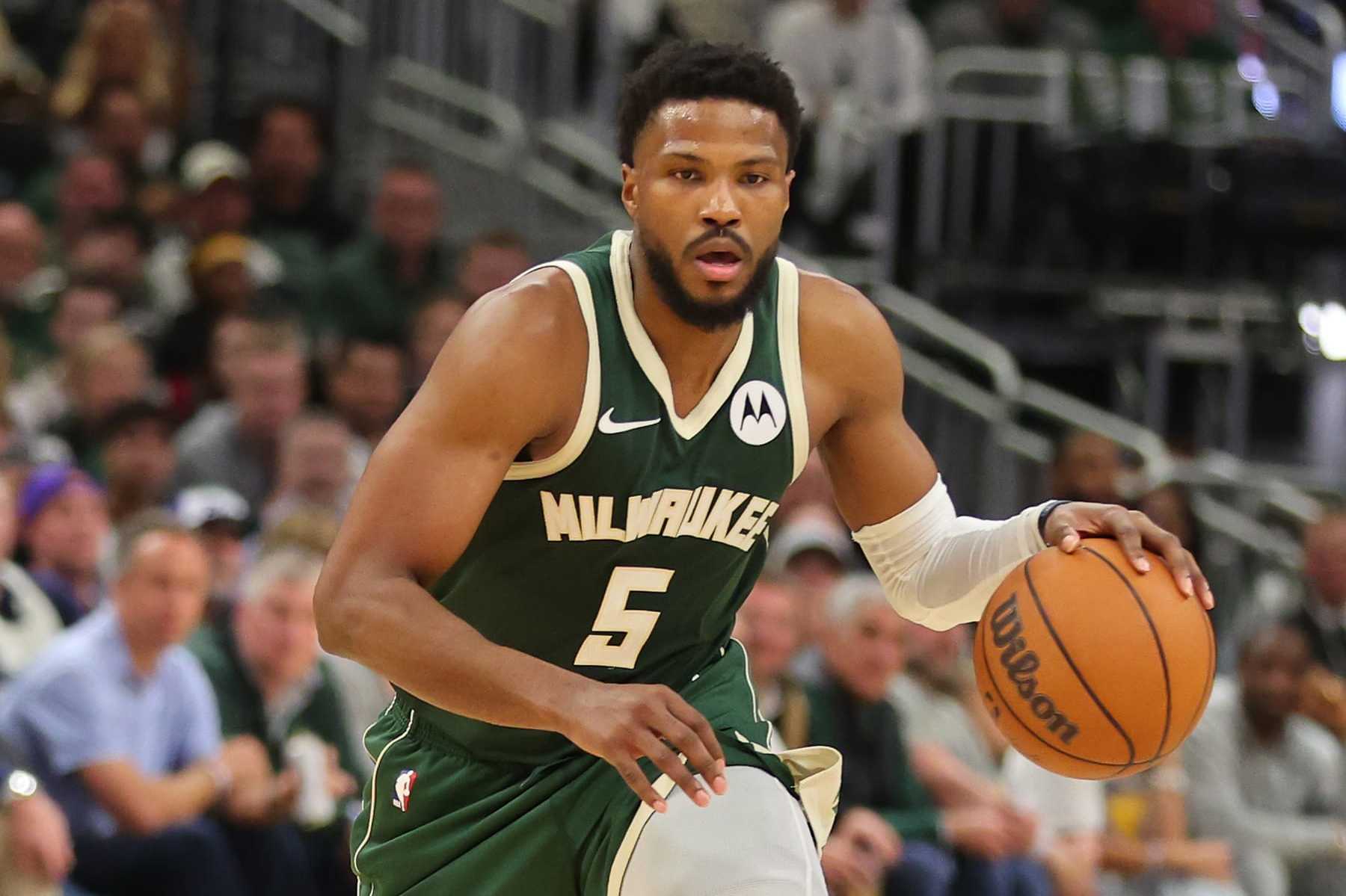 MILWAUKEE, WISCONSIN - APRIL 30: Malik Beasley #5 of the Milwaukee Bucks handles the ball against the Indiana Pacers during game five of the Eastern Conference First Round Playoffs at Fiserv Forum on April 30, 2024 in Milwaukee, Wisconsin. The Bucks defeated the Pacers 115-92. NOTE TO USER: User expressly acknowledges and agrees that, by downloading and or using this photograph, User is consenting to the terms and conditions of the Getty Images License Agreement. (Photo by Stacy Revere/Getty Images)