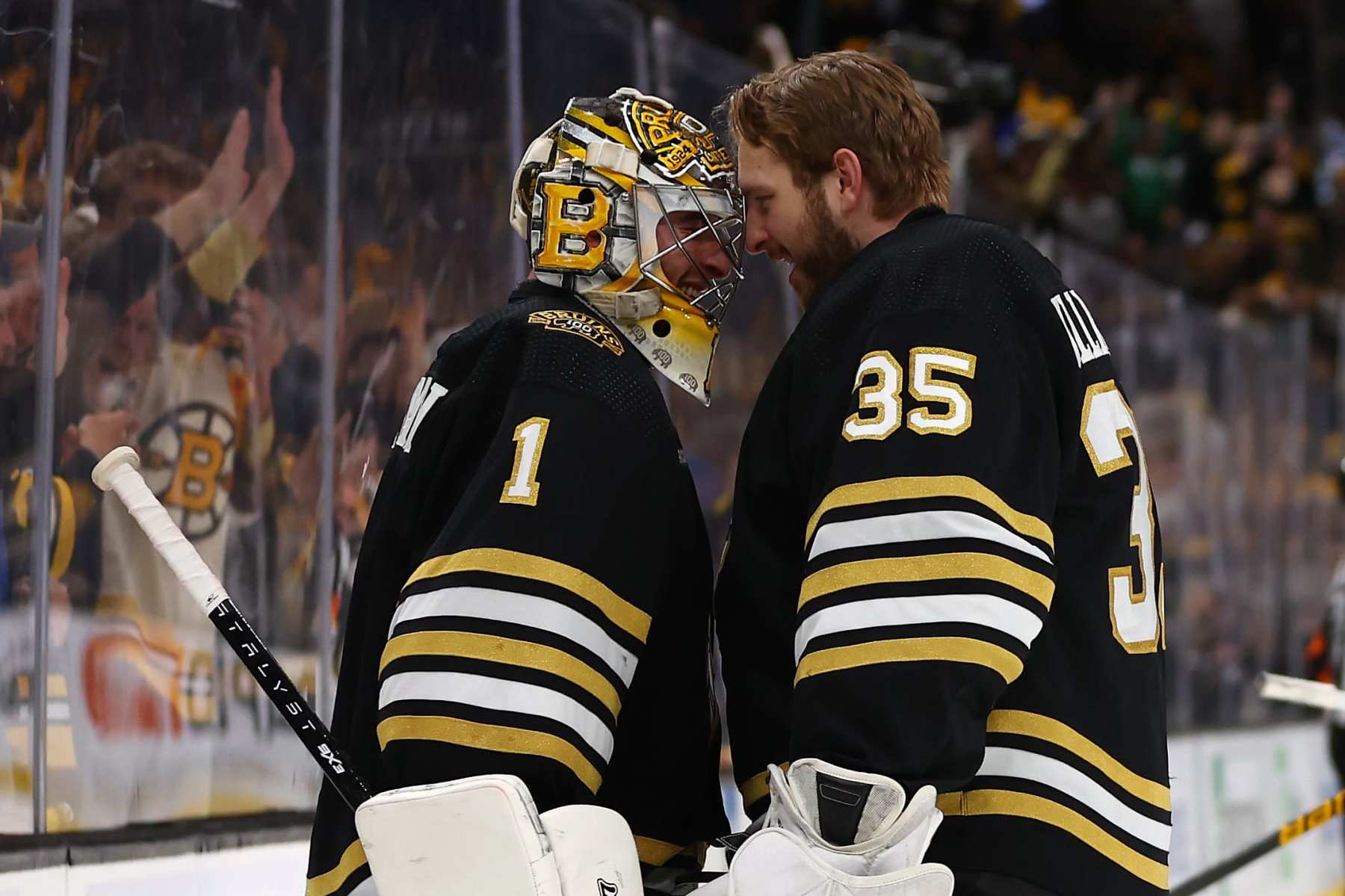 BOSTON, MASSACHUSETTS - MAY 04: Jeremy Swayman #1 and Linus Ullmark #35 of the Boston Bruins celebrate after defeating the Toronto Maple Leafs in overtime in Game Seven of the First Round of the 2024 Stanley Cup Playoffs at TD Garden on May 04, 2024 in Boston, Massachusetts. (Photo by Maddie Meyer/Getty Images)