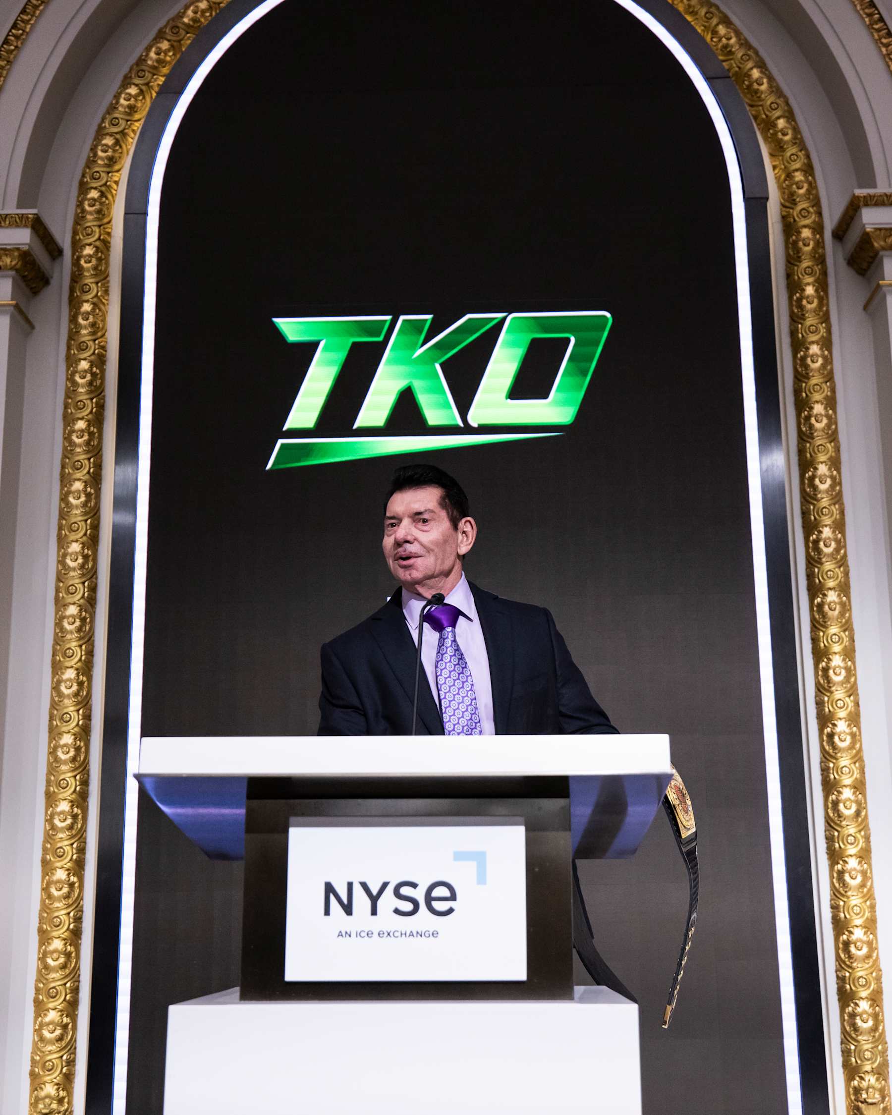 NEW YORK, NEW YORK - JANUARY 23: TKO Executive Chairman of the Board Vince McMahon is seen during a ceremony announcing Dwayne "The Rock" Johnson has joined the Board of Directors for TKO at New York Stock Exchange on January 23, 2024 in New York City. (Photo by Michelle Farsi/Zuffa LLC)