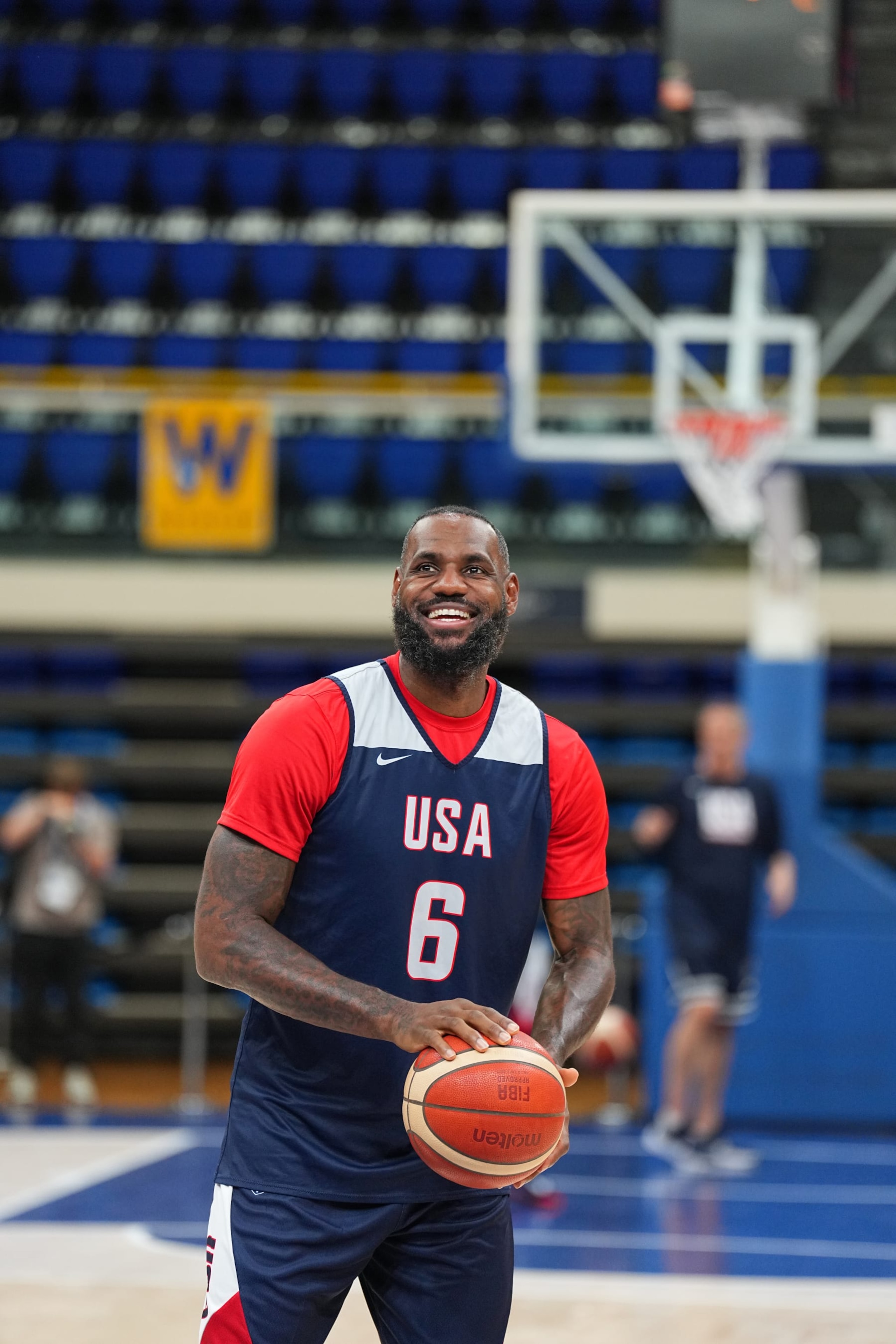 PARIS, FRANCE - JULY 25:  LeBron James #6 of the USA Men's National Team shoots a free throw during the USA Men's National Team practice at Palais des Sports Marcel-Cerdan on July 25, 2024 in Paris, France. NOTE TO USER: User expressly acknowledges and agrees that, by downloading and/or using this photograph, user is consenting to the terms and conditions of the Getty Images License Agreement. Mandatory Copyright Notice: Copyright 2024 NBAE (Photo by Garrett W. Ellwood/NBAE via Getty Images)