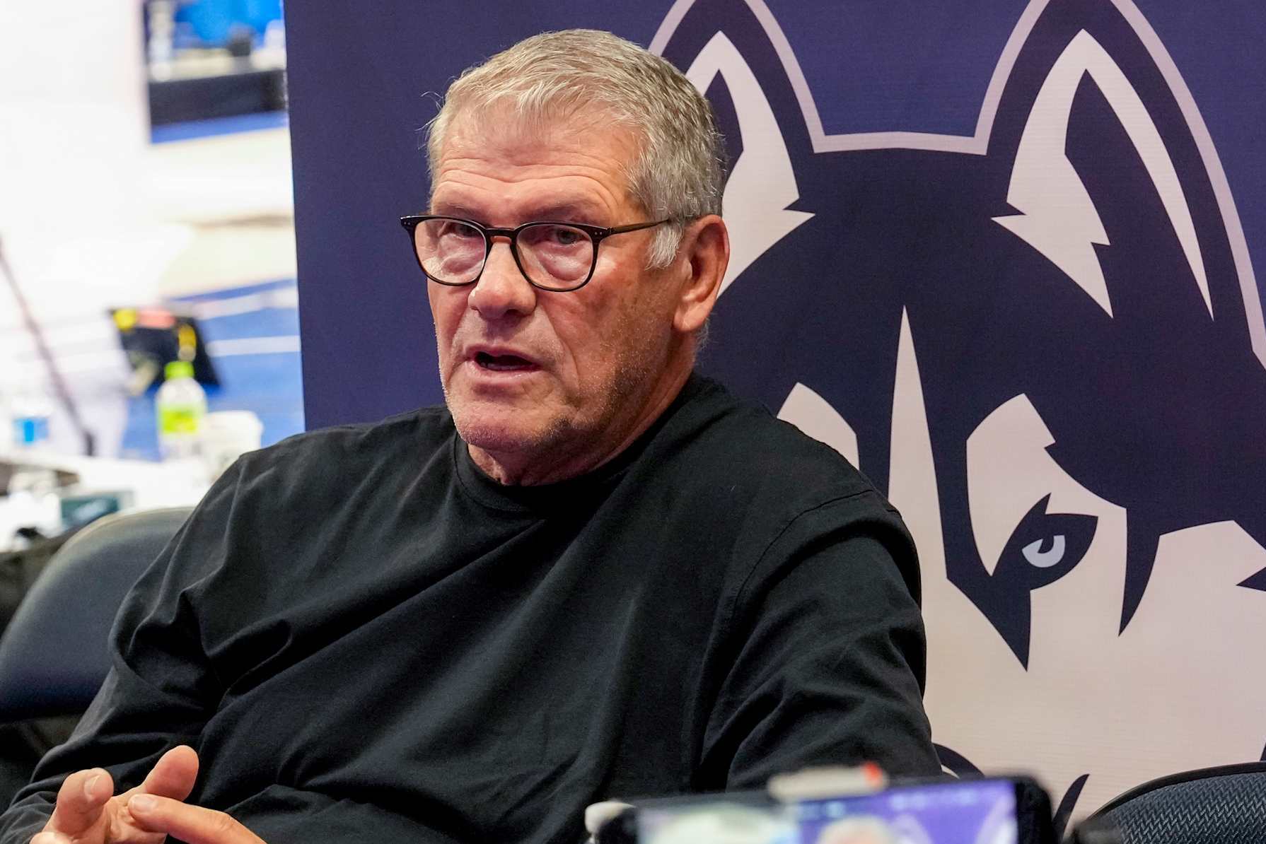 NEW YORK, NY - OCTOBER 23:  UConn Huskies womens head coach Geno Auriemma during Big East Conference Basketball media day at Madison Square Garden on October 23, 2024 in New York City.  (Photo by Porter Binks/Getty Images)