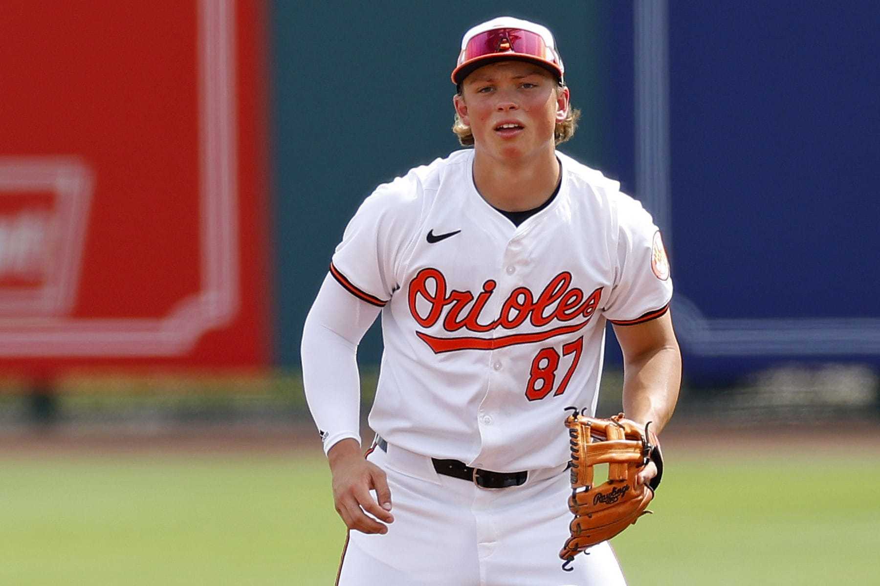 SARASOTA, FLORIDA - FEBRUARY 29: Jackson Holliday #87 of the Baltimore Orioles looks on during a spring training game against the Pittsburgh Pirates at Ed Smith Stadium on February 29, 2024 in Sarasota, Florida. (Photo by Mike Ehrmann/Getty Images)