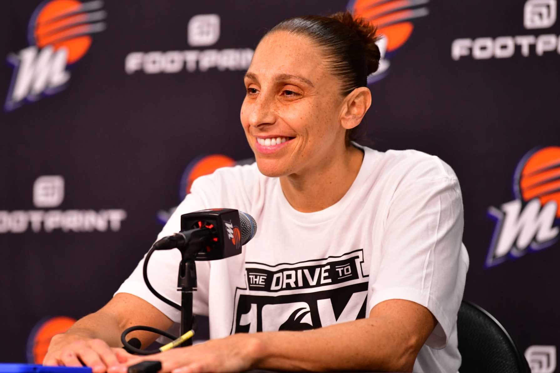PHOENIX, AZ - AUGUST 3:  Diana Taurasi #3 of the Phoenix Mercury talks to the media after the game on August 3, 2023 at Footprint Center in Phoenix, Arizona. NOTE TO USER: User expressly acknowledges and agrees that, by downloading and or using this photograph, user is consenting to the terms and conditions of the Getty Images License Agreement. Mandatory Copyright Notice: Copyright 2023 NBAE (Photo by Barry Gossage/NBAE via Getty Images)