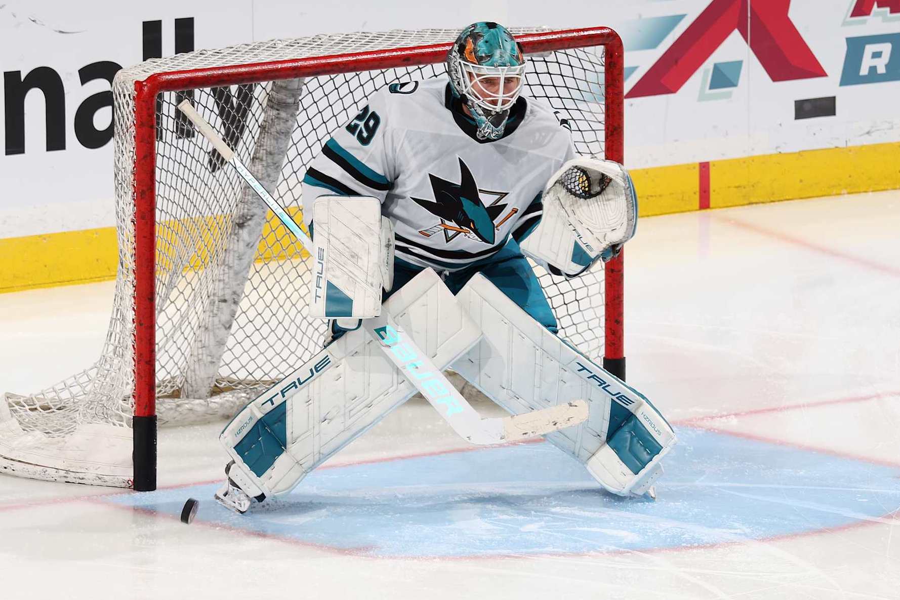 SUNRISE, FL - DECEMBER 07: Goaltender MacKenzie Blackwood #29 of the San Jose Sharks warms up prior to the game against the Florida Panthers at the Amerant Bank Arena on December 7, 2024 in Sunrise, Florida. (Photo by Joel Auerbach/Getty Images)