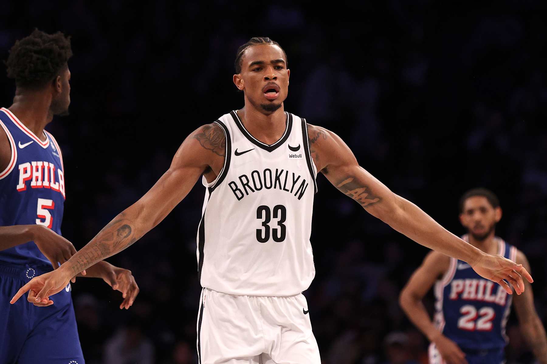 NEW YORK, NEW YORK - MARCH 05: Nic Claxton #33 of the Brooklyn Nets reacts after a play in the third quarter -app at Barclays Center on March 05, 2024 in New York City. NOTE TO USER: User expressly acknowledges and agrees that, by downloading and or using this photograph, User is consenting to the terms and conditions of the Getty Images License Agreement. (Photo by Mike Lawrie/Getty Images)