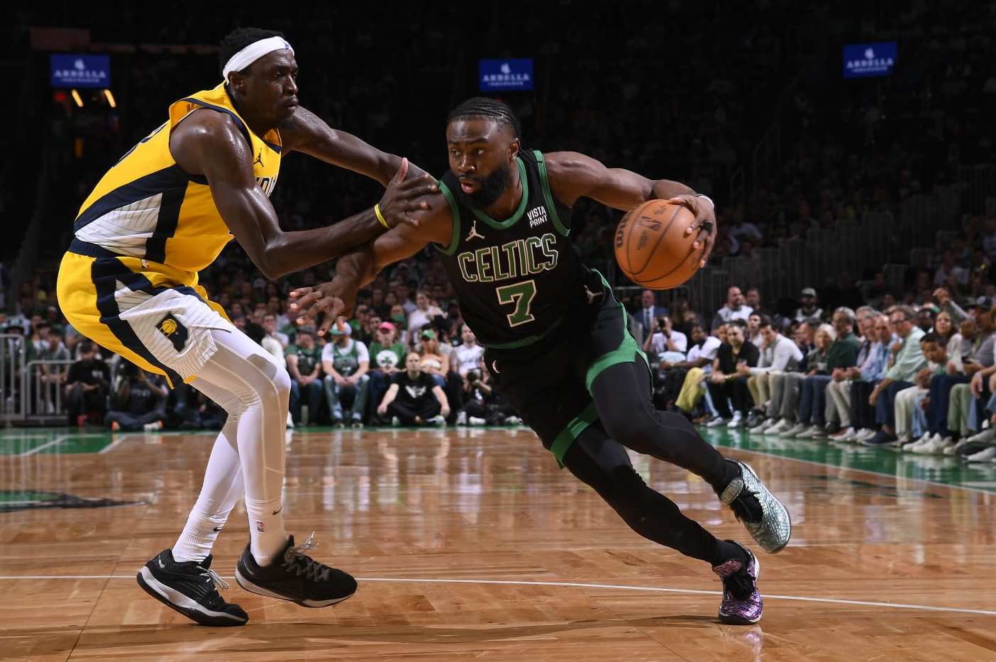 BOSTON, MA - MAY 23: Jaylen Brown #7 of the Boston Celtics handles the ball during the game against the Indiana Pacers during Game 2 of the Eastern Conference Finals of the 2024 NBA Playoffs on May 23, 2024 at the TD Garden in Boston, Massachusetts. NOTE TO USER: User expressly acknowledges and agrees that, by downloading and or using this photograph, User is consenting to the terms and conditions of the Getty Images License Agreement. Mandatory Copyright Notice: Copyright 2024 NBAE  (Photo by Brian Babineau/NBAE via Getty Images)