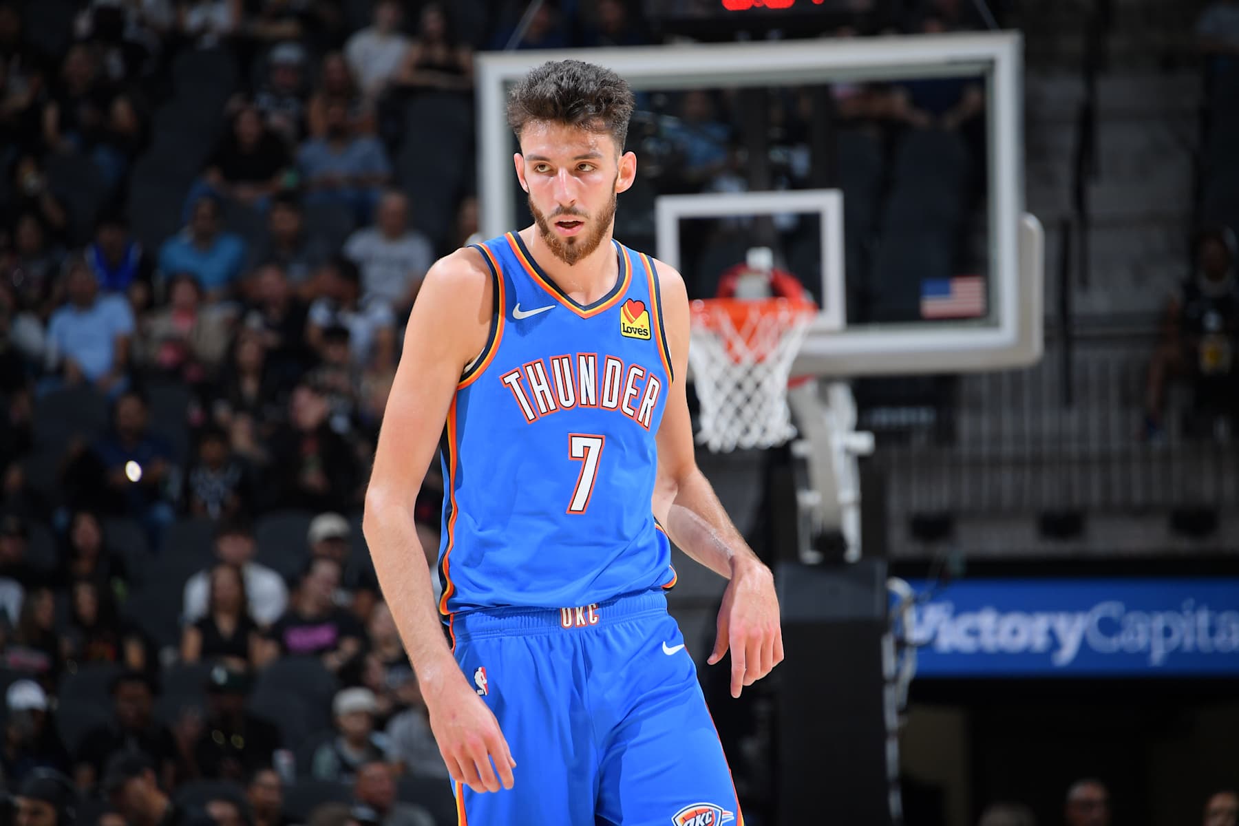 SAN ANTONIO, TX - OCTOBER 7: Chet Holmgren #7 of the Oklahoma City Thunder looks on during a NBA preseason game against the San Antonio Spurs October 7, 2024 at the Frost Bank Center in San Antonio, Texas. NOTE TO USER: User expressly acknowledges and agrees that, by downloading and or using this photograph, user is consenting to the terms and conditions of the Getty Images License Agreement. Mandatory Copyright Notice: Copyright 2024 NBAE (Photos by Michael Gonzales/NBAE via Getty Images)