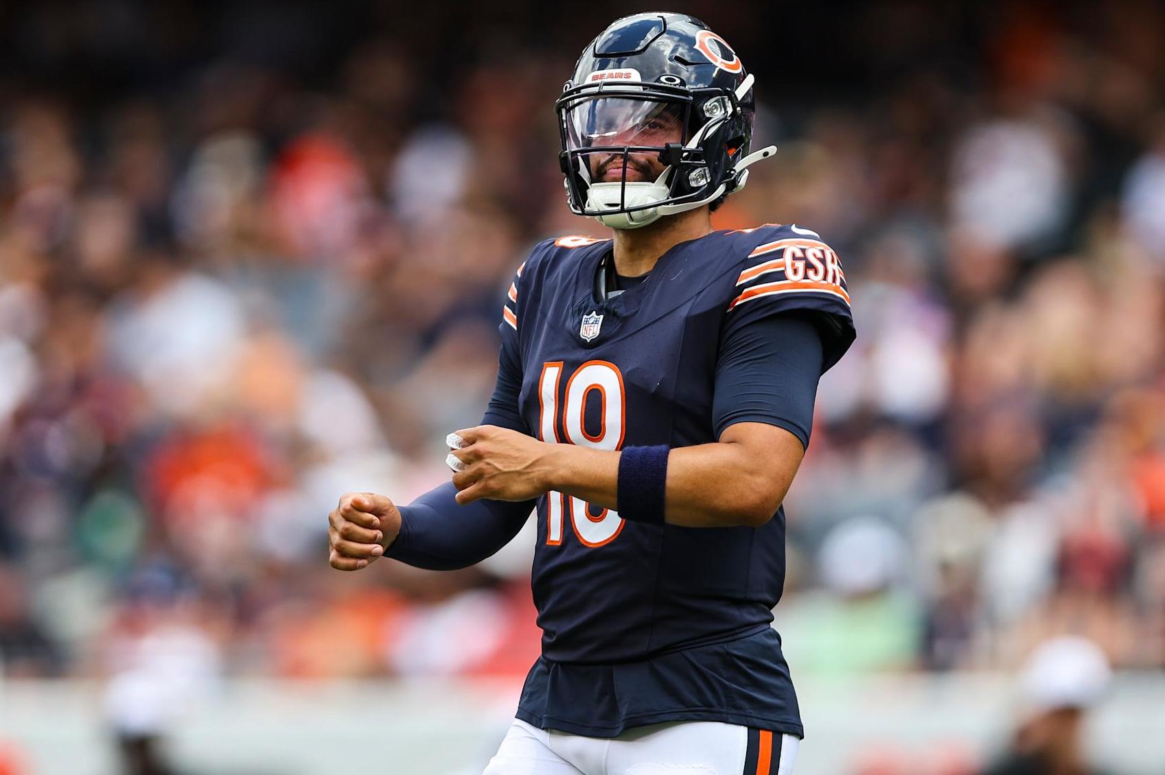 CHICAGO, IL - AUGUST 17: Caleb Williams #18 of the Chicago Bears looks on during an NFL football game against the Cincinnati Bengals at Solider Field on August 17, 2024 in Chicago, Illinois. (Photo by Perry Knotts/Getty Images)
