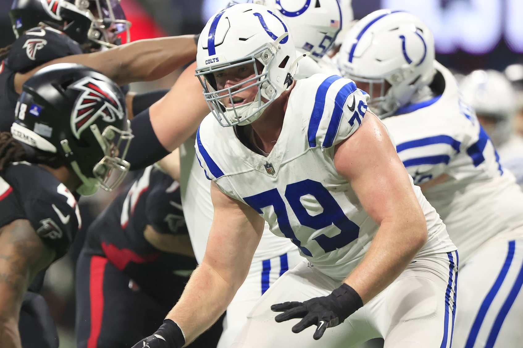 ATLANTA, GA - DECEMBER 24: Indianapolis Colts offensive tackle Bernhard Raimann (79) in action during the Christmas Eve NFL football game between the Atlanta Falcons and the Indianapolis Colts on December 24, 2023 at the Mercedes-Benz Stadium in Atlanta, Georgia. (Photo by David J. Griffin/Icon Sportswire via Getty Images)
