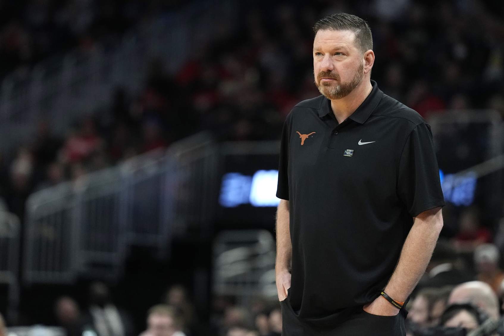 MILWAUKEE, WISCONSIN - MARCH 18: Head coach Chris Beard of the Texas Longhorns looks on from the sidelines in the first half of the game against the Virginia Tech Hokies during the first round of the 2022 NCAA Men's Basketball Tournament at Fiserv Forum on March 18, 2022 in Milwaukee, Wisconsin. (Photo by Patrick McDermott/Getty Images)