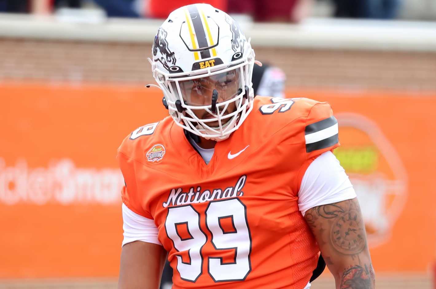 MOBILE, AL - FEBRUARY 03: National edge Marshawn Kneeland of Western Michigan (99) during the 2024 Reese's Senior Bowl on February 3, 2024 at Hancock Whitney Stadium in Mobile, Alabama.  (Photo by Michael Wade/Icon Sportswire via Getty Images)