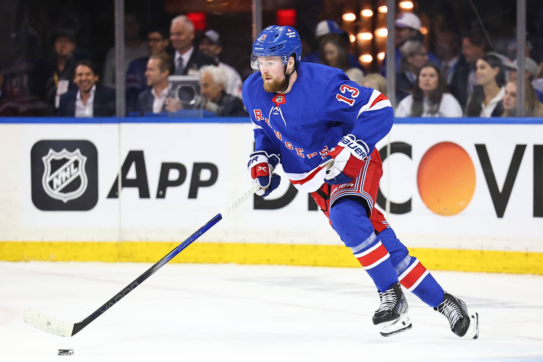NEW YORK, NY - MAY 30:  Alexis Lafrenière #13 of the New York Rangers skates during the first period of the Eastern Conference Final game 5 against the Florida Panthers on May 30, 2024 at Madison Square Garden in New York.  (Photo by Rich Graessle/Icon Sportswire via Getty Images)