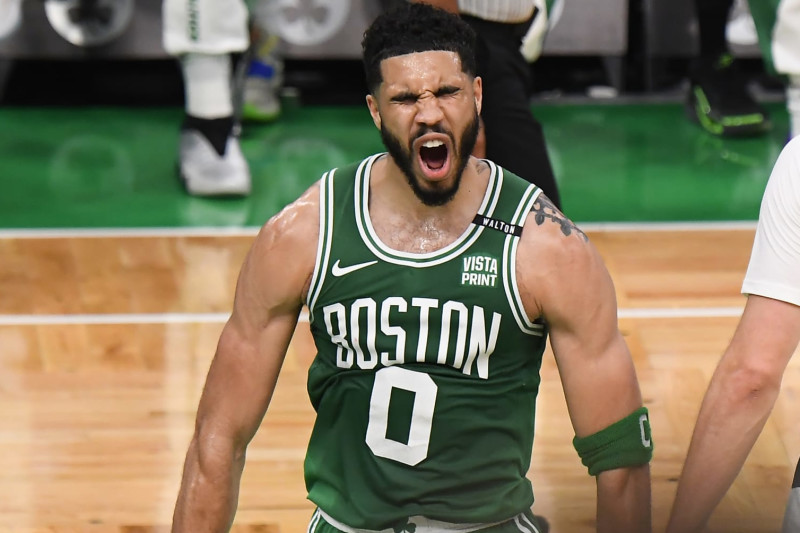 BOSTON, MA - JUNE 17: Jayson Tatum #0 of the Boston Celtics celebrates during the game against the Dallas Mavericks during Game 5 of the 2024 NBA Finals on June 17, 2024 at the TD Garden in Boston, Massachusetts. NOTE TO USER: User expressly acknowledges and agrees that, by downloading and or using this photograph, User is consenting to the terms and conditions of the Getty Images License Agreement. Mandatory Copyright Notice: Copyright 2024 NBAE  (Photo by Brian Babineau/NBAE via Getty Images)