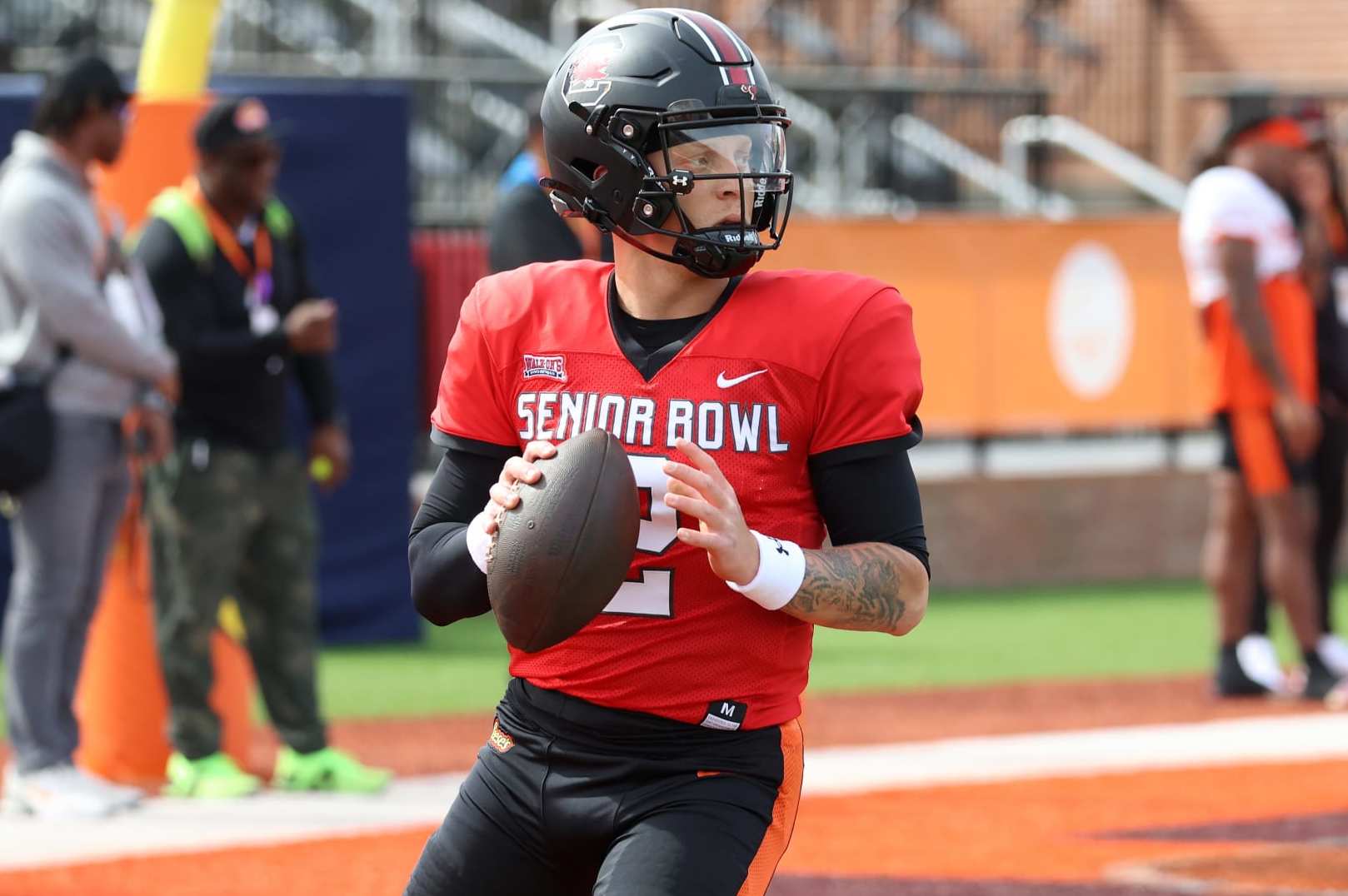 MOBILE, AL - FEBRUARY 01: American quarterback Spencer Rattler of South Carolina (2) during the American team practice for the Reese's Senior Bowl on February 31, 2024 at Hancock Whitney Stadium in Mobile, Alabama.  (Photo by Michael Wade/Icon Sportswire via Getty Images)
