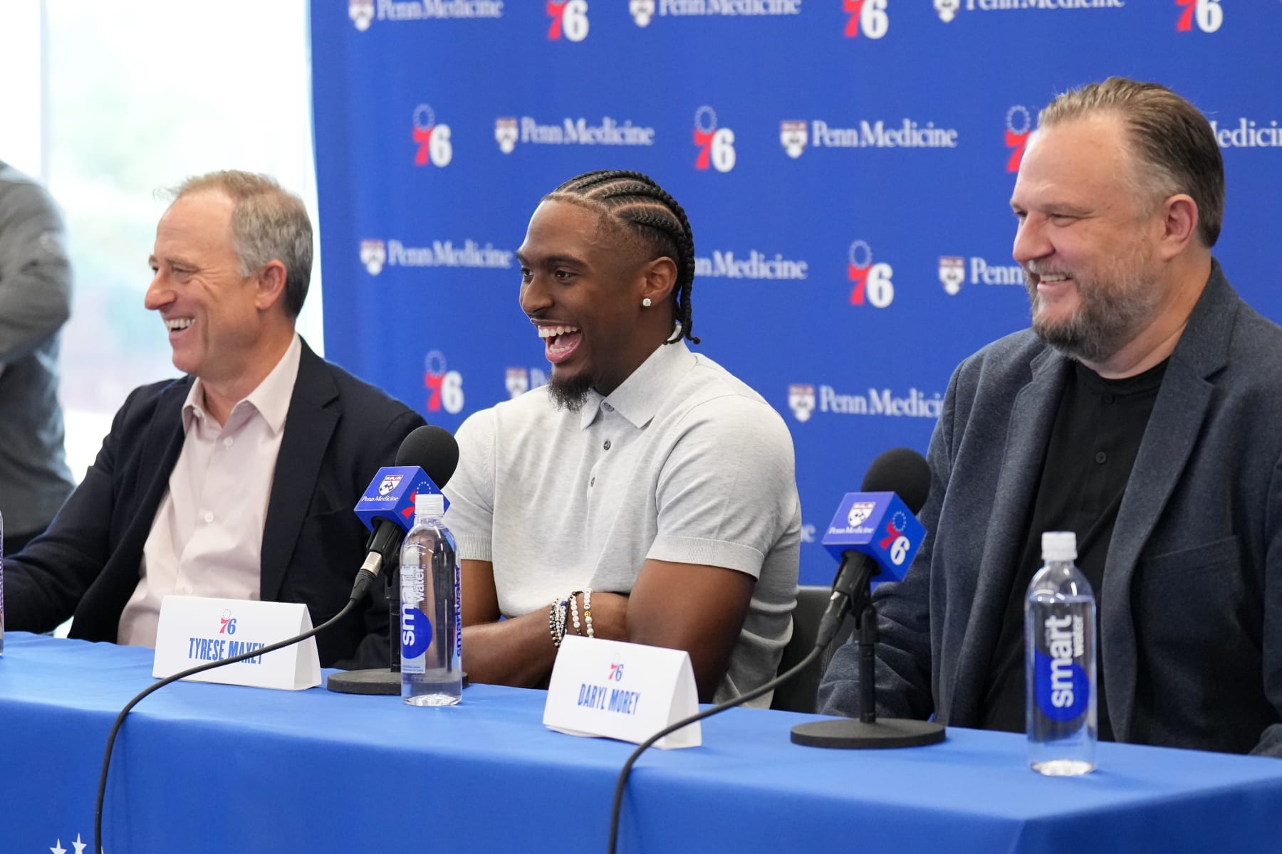 PHILADELPHIA, PA - JULY 23: Josh Harris, Tyrese Maxey #0 of the Philadelphia 76ers, and Daryl Morey talk to the media during his Philadelphia 76ers press conference on July 23, 2024 at the Wells Fargo Center in Philadelphia, Pennsylvania NOTE TO USER: User expressly acknowledges and agrees that, by downloading and/or using this Photograph, user is consenting to the terms and conditions of the Getty Images License Agreement. Mandatory Copyright Notice: Copyright 2024 NBAE (Photo by Jesse D. Garrabrant/NBAE via Getty Images)