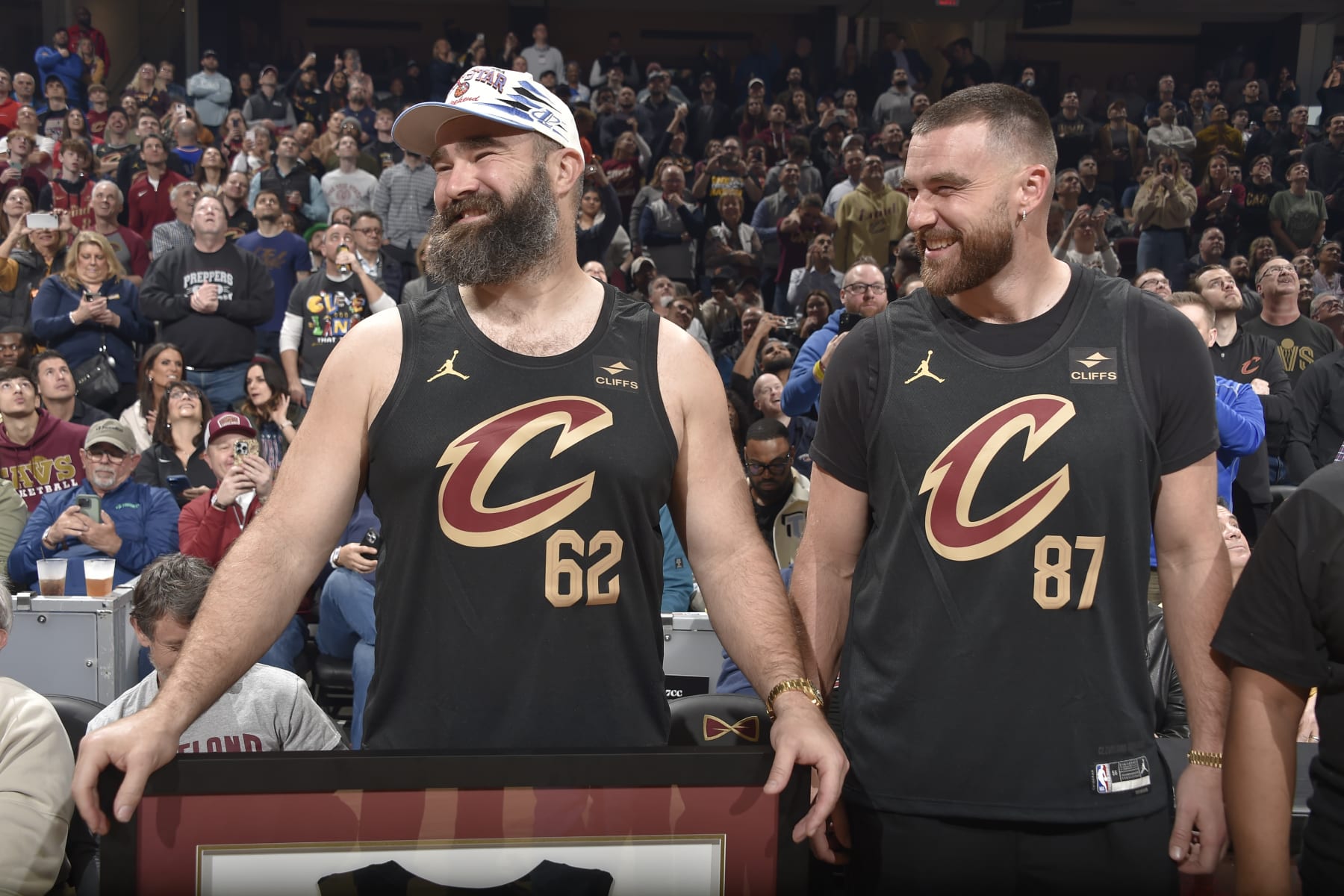 CLEVELAND, OH - MARCH 5: Jason Kelce and Travis Kelce are honored during the game between the Boston Celtics and the Cleveland Cavaliers on March 5, 2024 at Rocket Mortgage FieldHouse in Cleveland, Ohio. NOTE TO USER: User expressly acknowledges and agrees that, by downloading and/or using this Photograph, user is consenting to the terms and conditions of the Getty Images License Agreement. Mandatory Copyright Notice: Copyright 2024 NBAE (Photo by David Liam Kyle/NBAE via Getty Images)