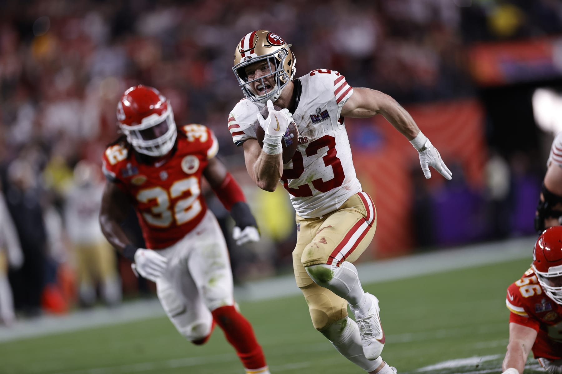 LAS VEGAS, NV - FEBRUARY 11: Christian McCaffrey #23 of the San Francisco 49ers heads to the end zone on a 21-yard touchdown catch during Super Bowl LVIII against the Kansas City Chiefs at Allegiant Stadium on February 11, 2024 in Las Vegas, Nevada. The Chiefs defeated the 49ers 25-22. (Photo by Michael Zagaris/San Francisco 49ers/Getty Images)