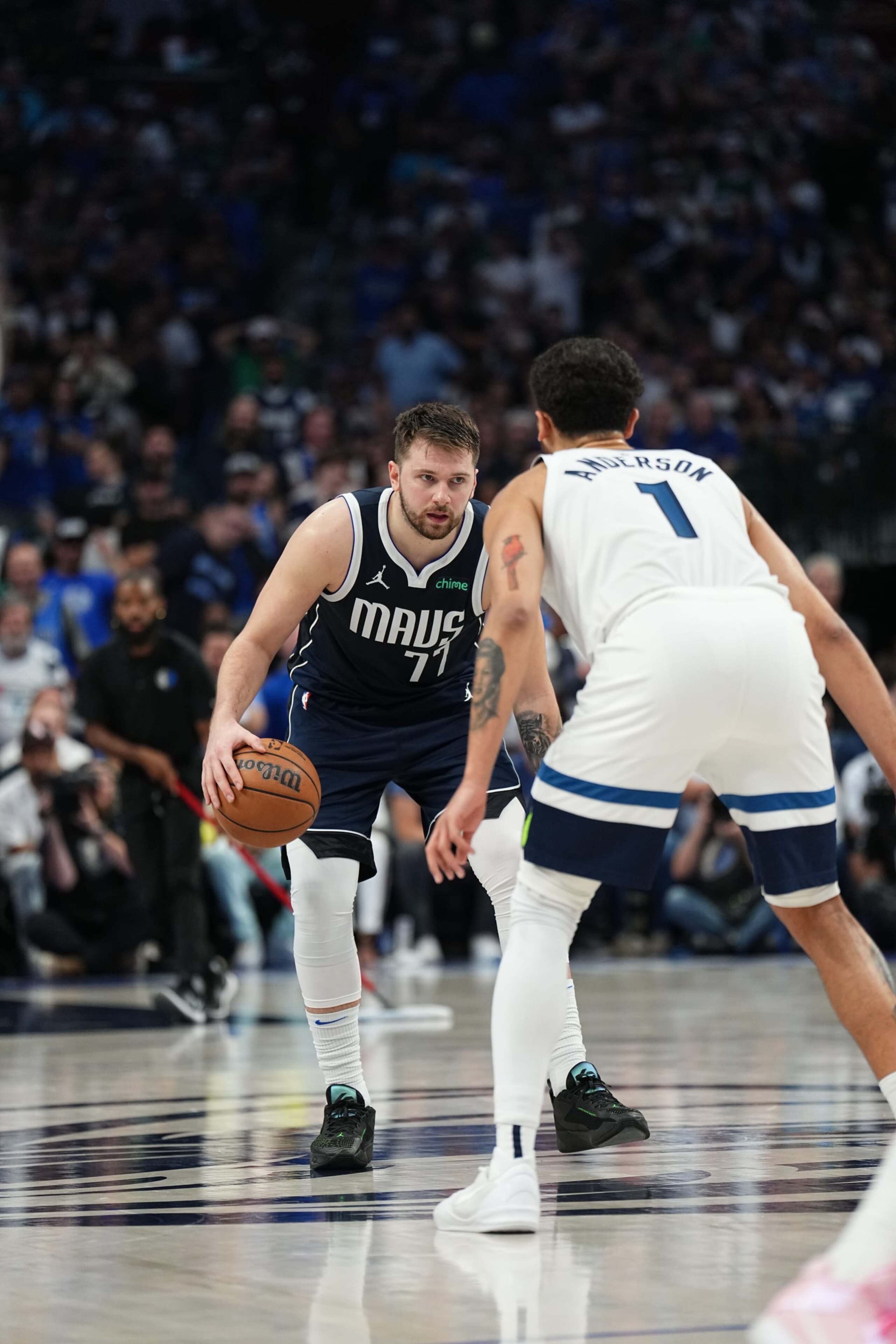 DALLAS, TX - MAY 28: Luka Doncic #77 of the Dallas Mavericks handles the ball during the game against the Minnesota Timberwolves during Game 4 of the Western Conference Finals of the 2024 NBA Playoffs on May 28, 2024 at the American Airlines Center in Dallas, Texas. NOTE TO USER: User expressly acknowledges and agrees that, by downloading and or using this photograph, User is consenting to the terms and conditions of the Getty Images License Agreement. Mandatory Copyright Notice: Copyright 2024 NBAE (Photo by Glenn James/NBAE via Getty Images)