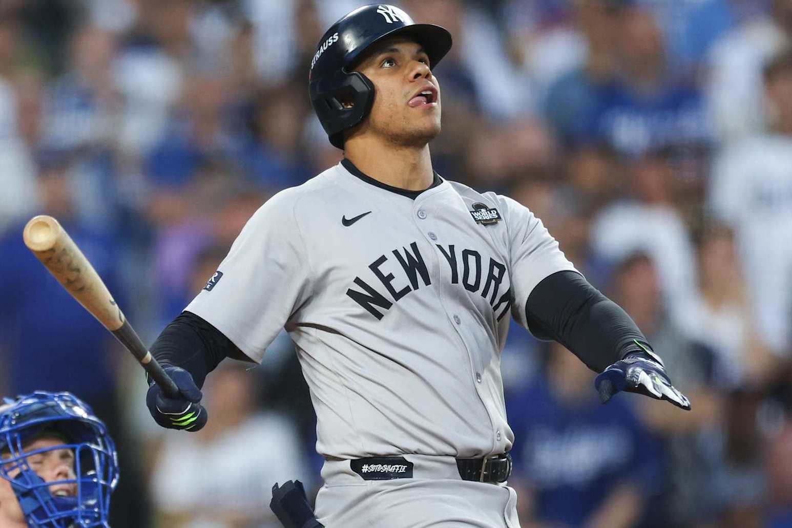 LOS ANGELES, CALIFORNIA - OCTOBER 26: Juan Soto #22 of the New York Yankees watches his solo home run against the Los Angeles Dodgers in the third inning during Game Two of the 2024 World Series at Dodger Stadium on October 26, 2024 in Los Angeles, California. (Photo by Harry How/Getty Images)