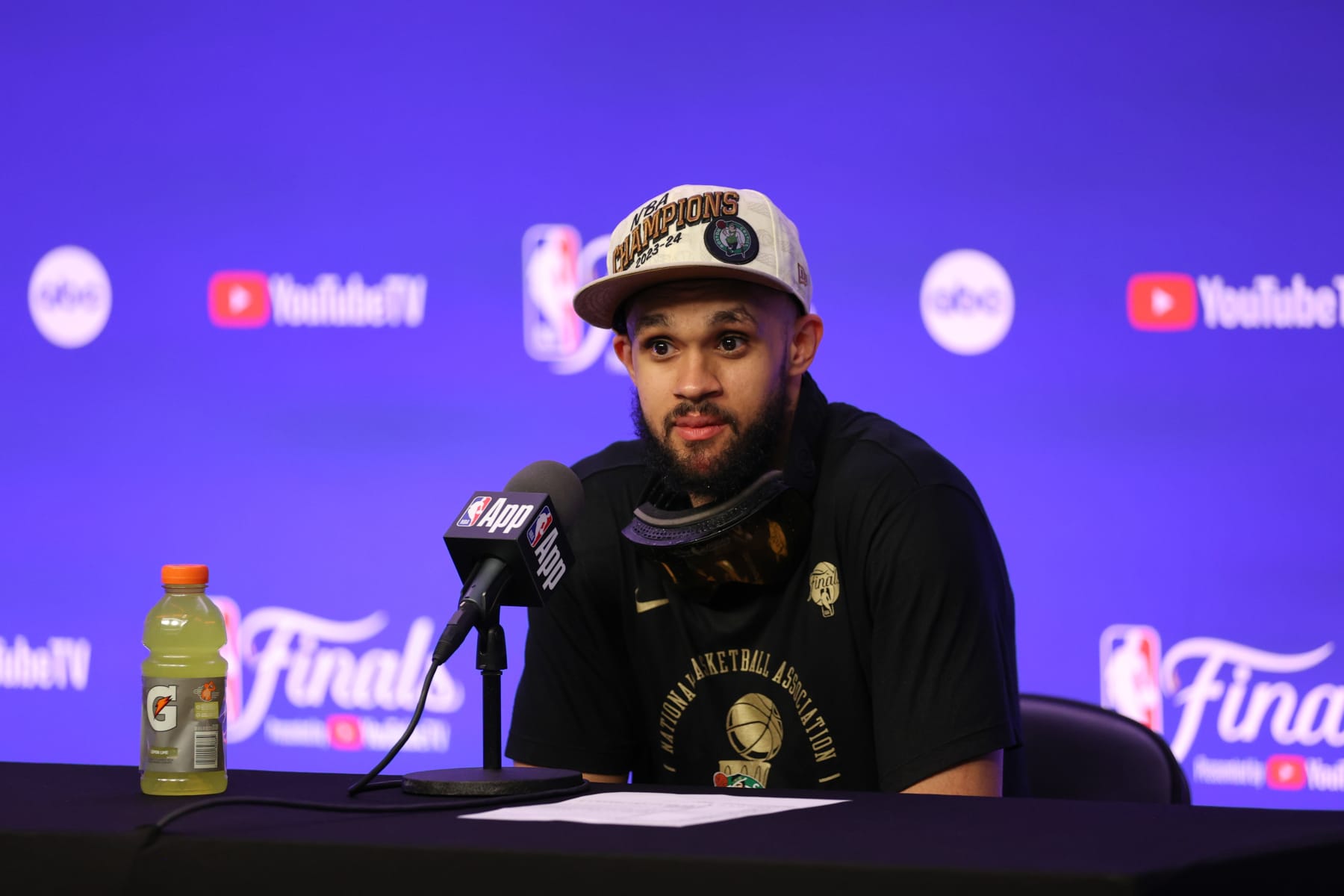 BOSTON, MA - JUNE 17: Derrick White #9 of the Boston Celtics talks to the media after the game against the Dallas Mavericks during Game 5 of the 2024 NBA Finals on June 17, 2024 at the TD Garden in Boston, Massachusetts. NOTE TO USER: User expressly acknowledges and agrees that, by downloading and or using this photograph, User is consenting to the terms and conditions of the Getty Images License Agreement. Mandatory Copyright Notice: Copyright 2024 NBAE  (Photo by Stephen Gosling/NBAE via Getty Images)