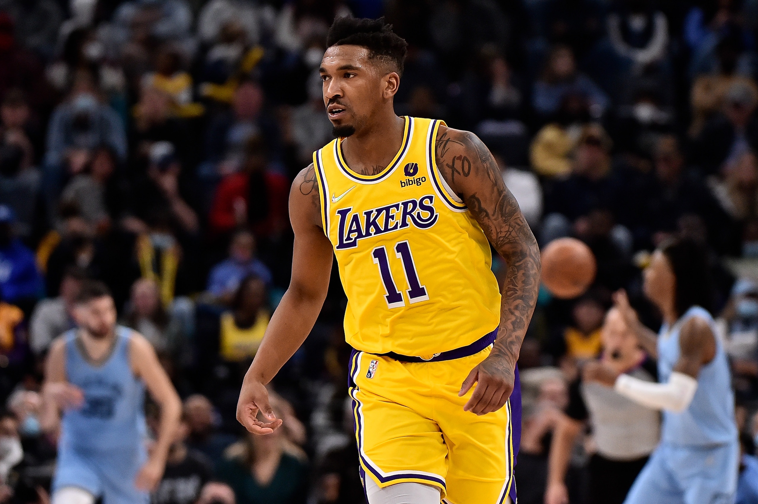 MEMPHIS, TENNESSEE - DECEMBER 29: Los Angeles Lakers guard Malik Monk #11 during the game against the Memphis Grizzlies at FedExForum on December 29, 2021 in Memphis, Tennessee. NOTE TO USER: User expressly acknowledges and agrees that, by downloading and or using this photograph, User is consenting to the terms and conditions of the Getty Images License Agreement. (Photo by Justin Ford/Getty Images) MEMPHIS, TENNESSEE - DECEMBER 29: Los Angeles Lakers guard Malik Monk #11 during the game against the Memphis Grizzlies at FedExForum on December 29, 2021 in Memphis, Tennessee. NOTE TO USER: User expressly acknowledges and agrees that, by downloading and or using this photograph, User is consenting to the terms and conditions of the Getty Images License Agreement. (Photo by Justin Ford/Getty Images)
