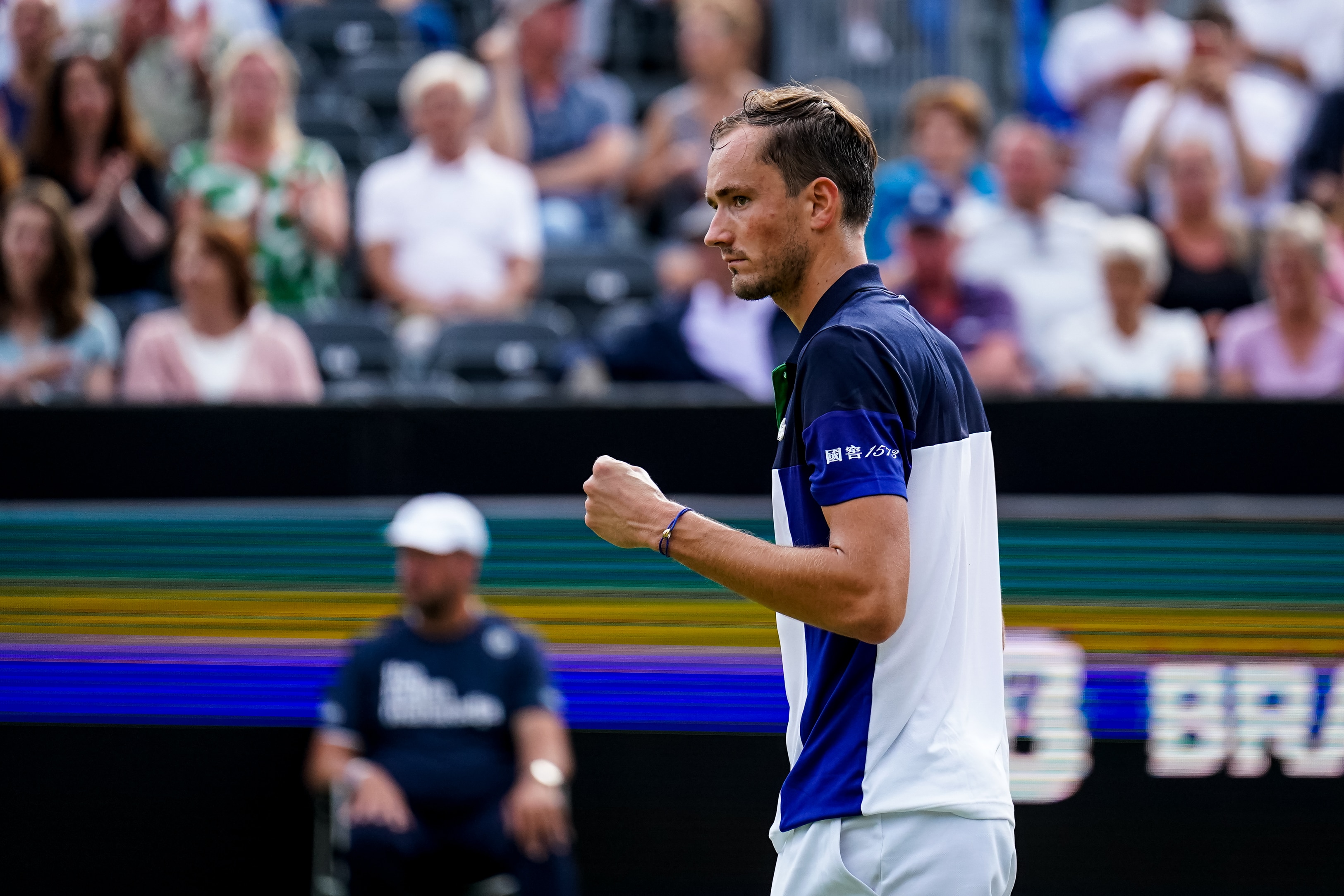 'S-HERTOGENBOSCH, NETHERLANDS - JUNE 10: Daniil Medvedev of Russia celebrates a point during the Men's Singles Quarter Finals match against Ilya Ivashka of Belarus during Day 5 of the Libema Open Grass Court Championships at the Autotron on June 10, 2022 in 's-Hertogenbosch, Netherlands (Photo by Rene Nijhuis/BSR Agency/Getty Images)