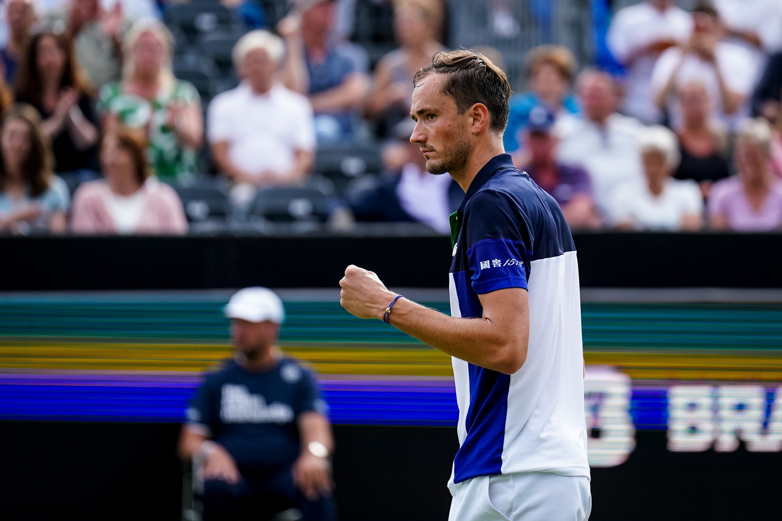 'S-HERTOGENBOSCH, NETHERLANDS - JUNE 10: Daniil Medvedev of Russia celebrates a point during the Men's Singles Quarter Finals match against Ilya Ivashka of Belarus during Day 5 of the Libema Open Grass Court Championships at the Autotron on June 10, 2022 in 's-Hertogenbosch, Netherlands (Photo by Rene Nijhuis/BSR Agency/Getty Images)
