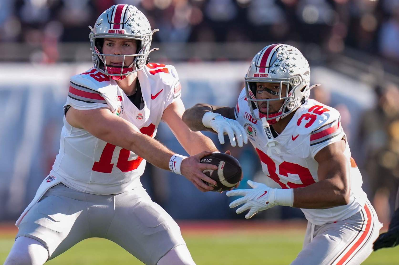 Ohio State quarterback Will Howard (left) and running back TreVeyon Henderson (right) are both considered NFL prospects.