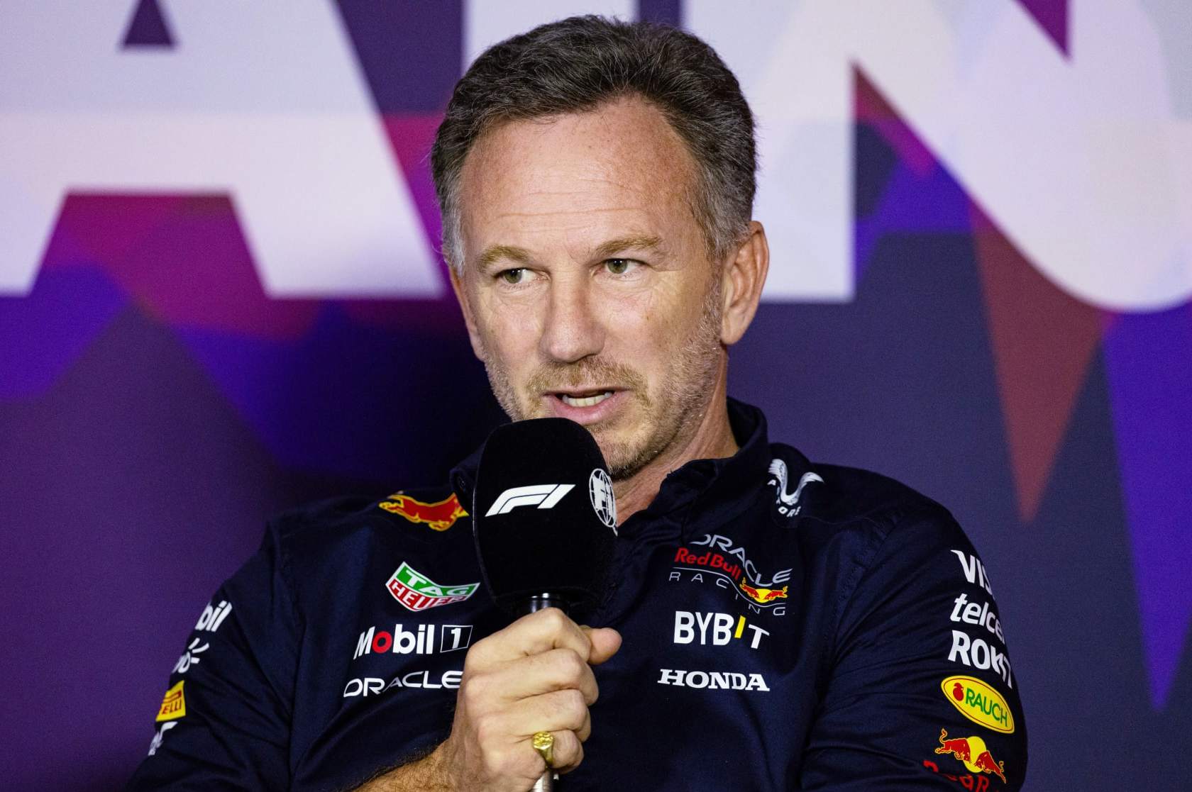 BAHRAIN, BAHRAIN - FEBRUARY 22: Red Bull Team Principal Christian Horner in the team principals press conference during day two of F1 Testing at Bahrain International Circuit on February 22, 2024 in Bahrain, Bahrain. (Photo by Kym Illman/Getty Images)