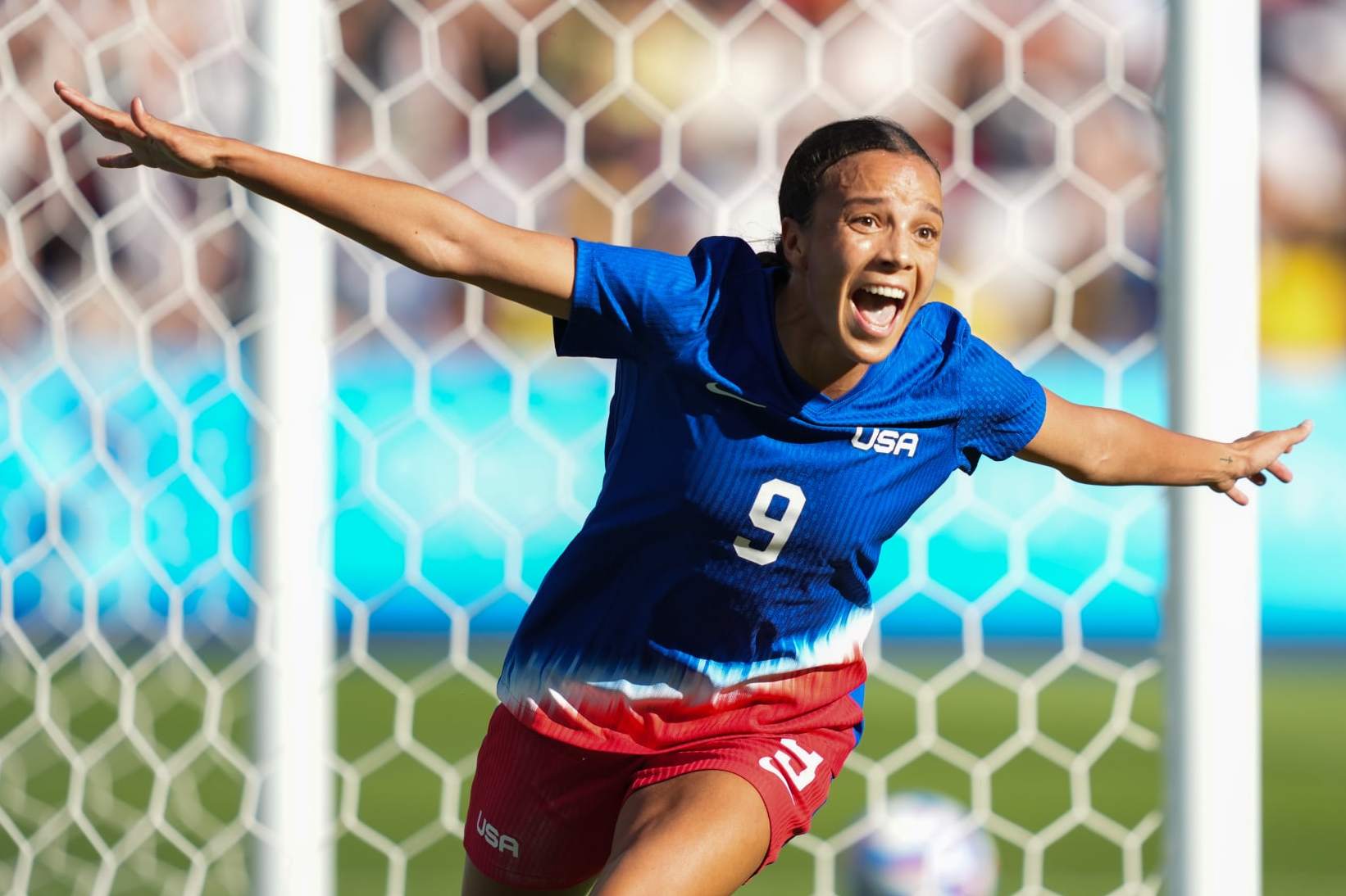 PARIS, FRANCE - AUGUST 10: Mallory Swanson #9 of the United States celebrates scoring a goal in the second half during the Women's Gold Medal match against Brazil during the Olympic Games Paris 2024 at Parc des Princes on August 10, 2024 in Paris, France. (Photo by Brad Smith/ISI/Getty Images)