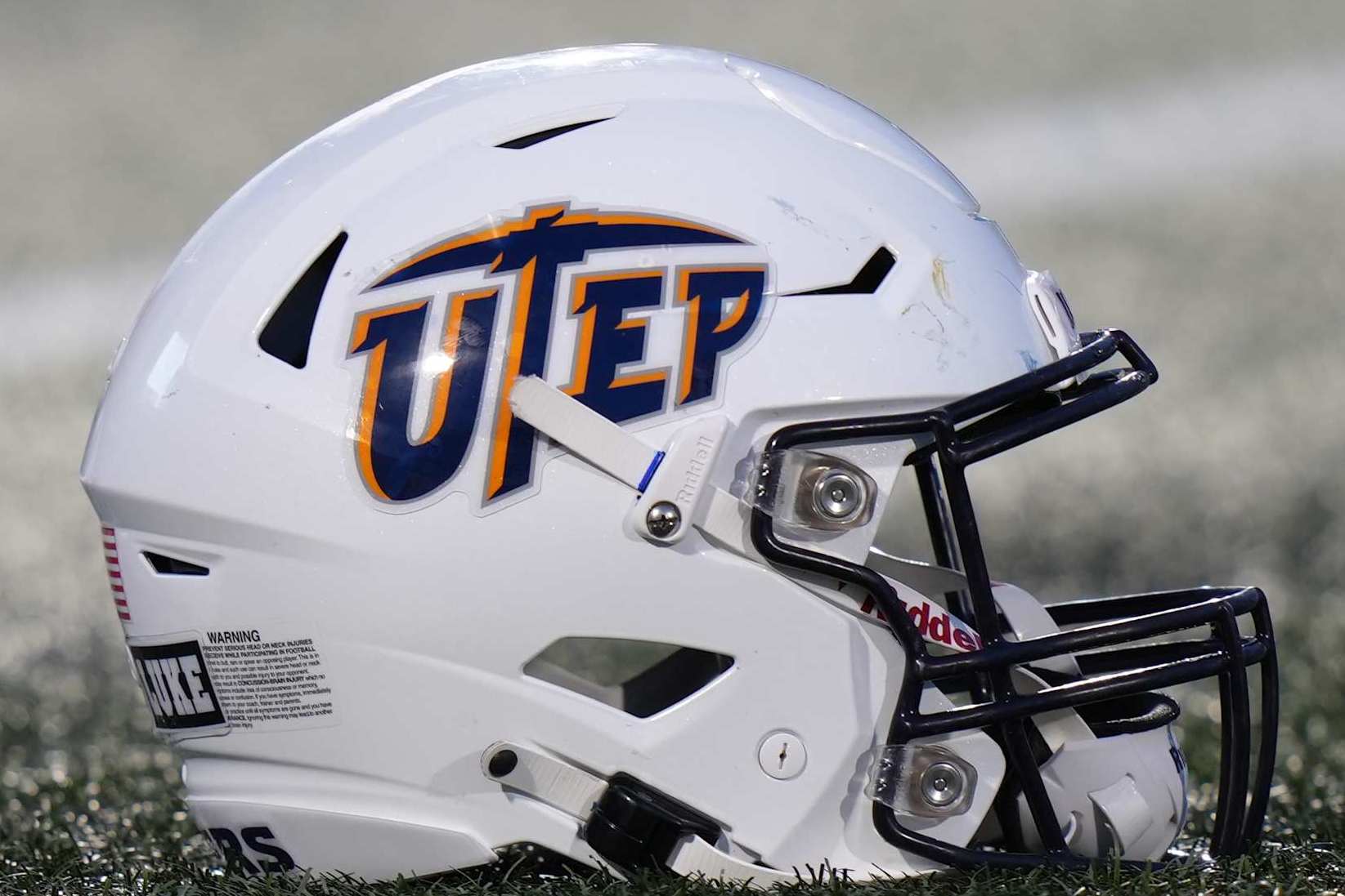 MIAMI, FL - OCTOBER 11: a UTEP Miners punter DATA: () helmet rests near the sidelines during the game between the UTEP Miners and the FIU Golden Panthers on Wednesday, October 11, 2023 at Riccardo Silva Stadium, Miami, Fla. (Photo by Peter Joneleit/Icon Sportswire via Getty Images)