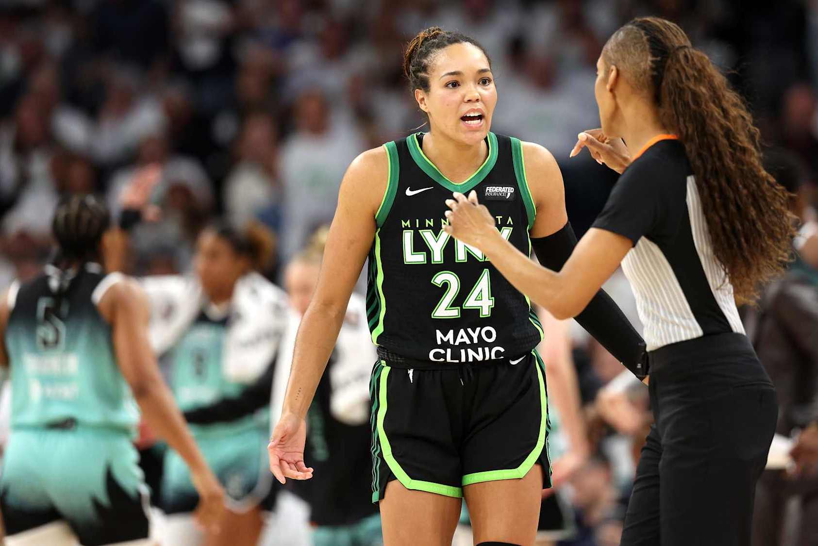 MINNEAPOLIS, MINNESOTA - OCTOBER 16: Napheesa Collier #24 of the Minnesota Lynx argues with a referee during the third quarter against the New York Liberty in Game Three of the WNBA Finals at Target Center on October 16, 2024 in Minneapolis, Minnesota. (Photo by David Berding/Getty Images)