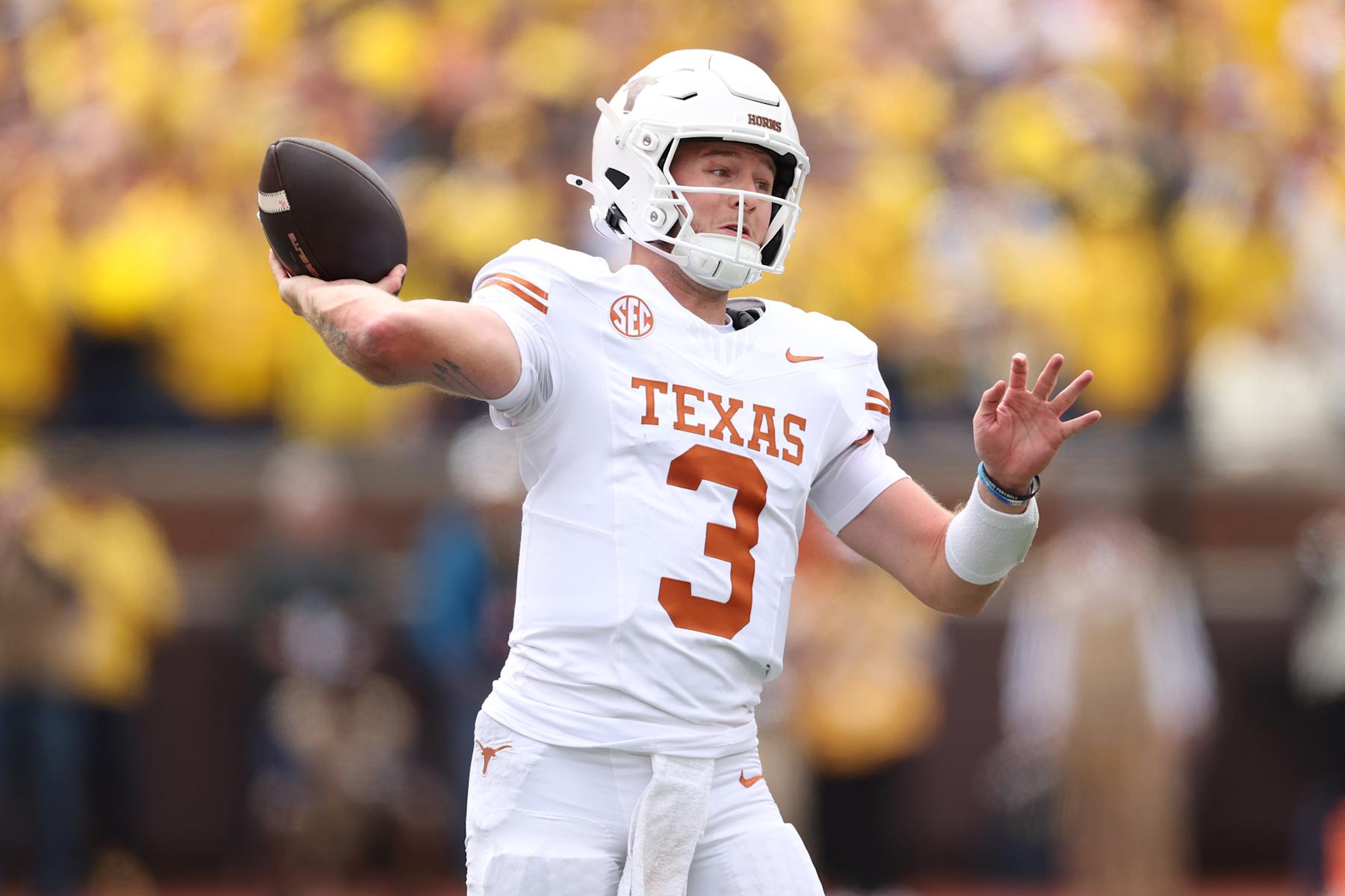 ANN ARBOR, MICHIGAN - SEPTEMBER 07: Quinn Ewers #3 of the Texas Longhorns looks to pass during the first quarter against the Michigan Wolverines at Michigan Stadium on September 07, 2024 in Ann Arbor, Michigan. (Photo by Gregory Shamus/Getty Images)