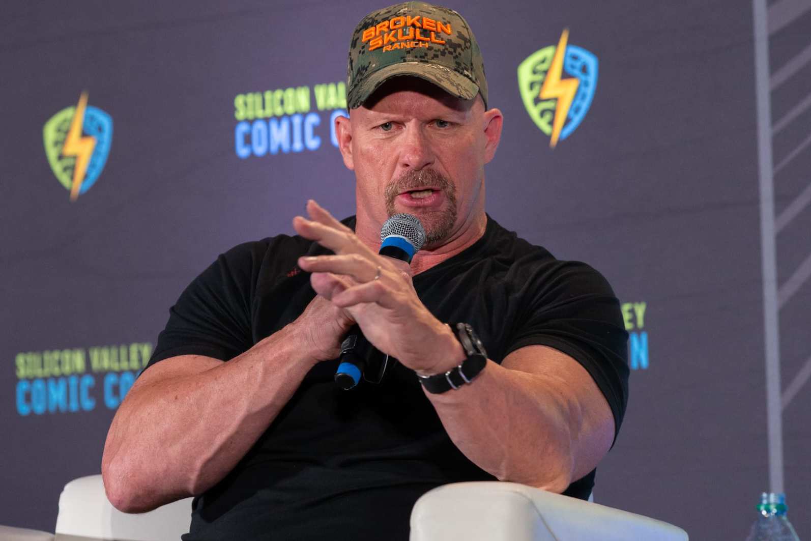 SAN JOSE, CALIFORNIA - AUGUST 17: Actor and WWE personality "Stone Cold" Steve Austin speaks at Silicon Valley Comic Con at the San Jose Convention Center on August 17, 2019 in San Jose, California. (Photo by Bill Watters/Getty Images)