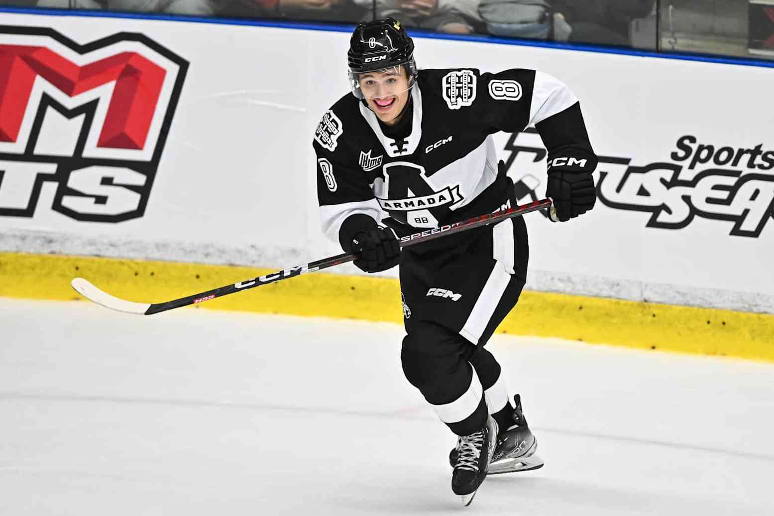 BOISBRIAND, CANADA - SEPTEMBER 24: Justin Carbonneau #8 of the Blainville-Boisbriand Armada skates during the second period against the Shawinigan Cataractes at Centre d'Excellence Sports Rousseau on September 24, 2023 in Boisbriand, Quebec, Canada. The Shawinigan Cataractes defeated the Blainville-Boisbriand Armada 4-3. (Photo by Minas Panagiotakis/Getty Images)