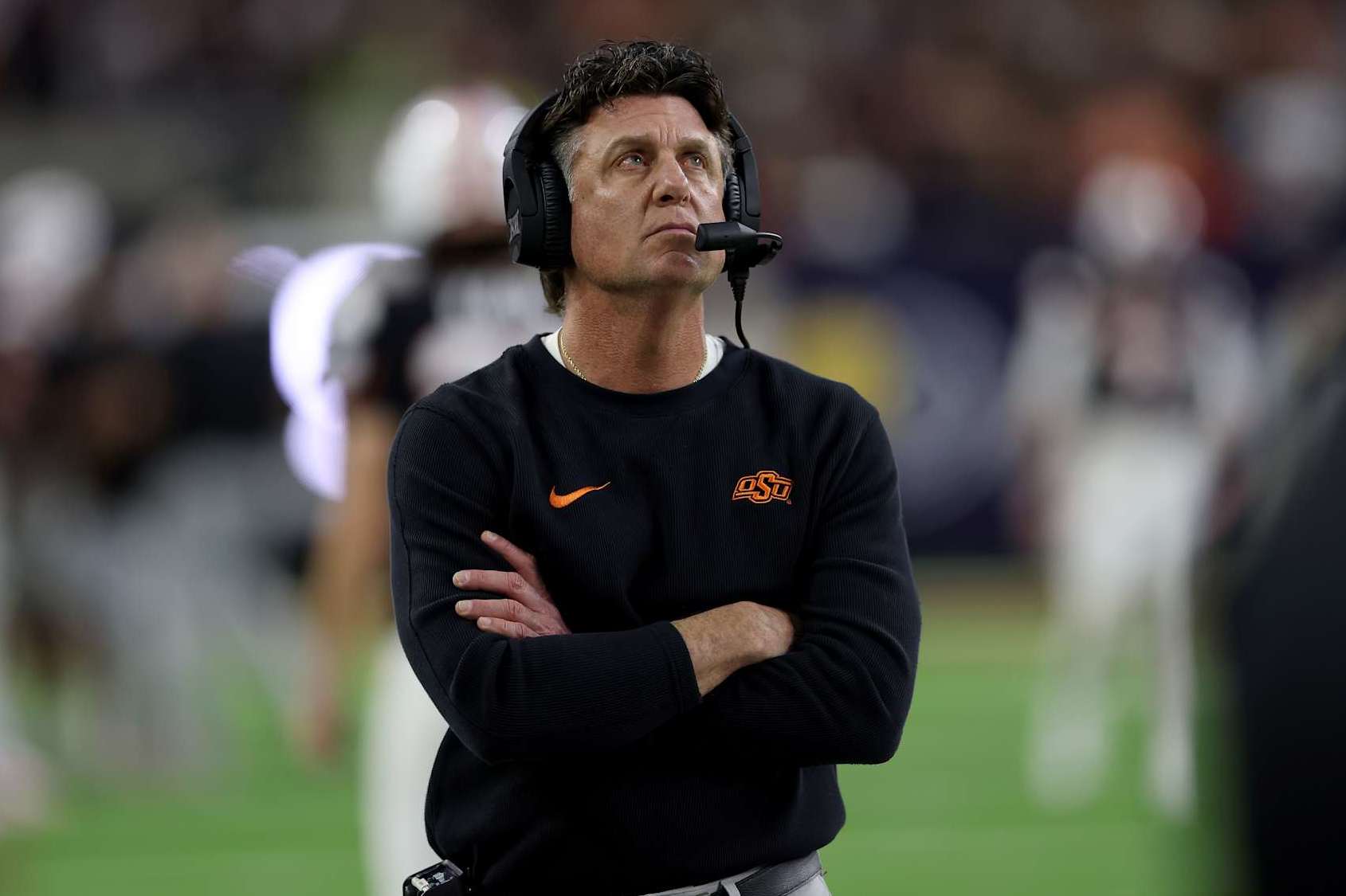 HOUSTON, TEXAS - DECEMBER 27: Head coach Mike Gundy of the Oklahoma State Cowboys reacts on the sideline in the second half against the Texas A&M Aggies during the TaxAct Texas Bowl at NRG Stadium on December 27, 2023 in Houston, Texas. (Photo by Tim Warner/Getty Images)