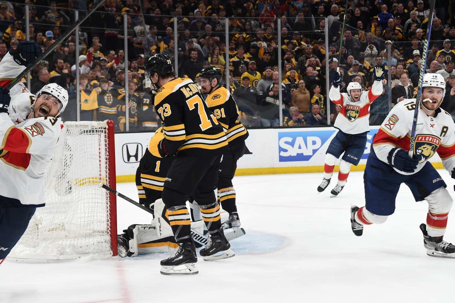 BOSTON, MASSACHUSETTS - APRIL 30: The Florida Panthers celebrate their third period goal against the Boston Bruins in Game Seven of the First Round of the 2023 Stanley Cup Playoffs at TD Garden on April 30, 2023, in Boston, Massachusetts. (Photo by Steve Babineau/NHLI via Getty Images)