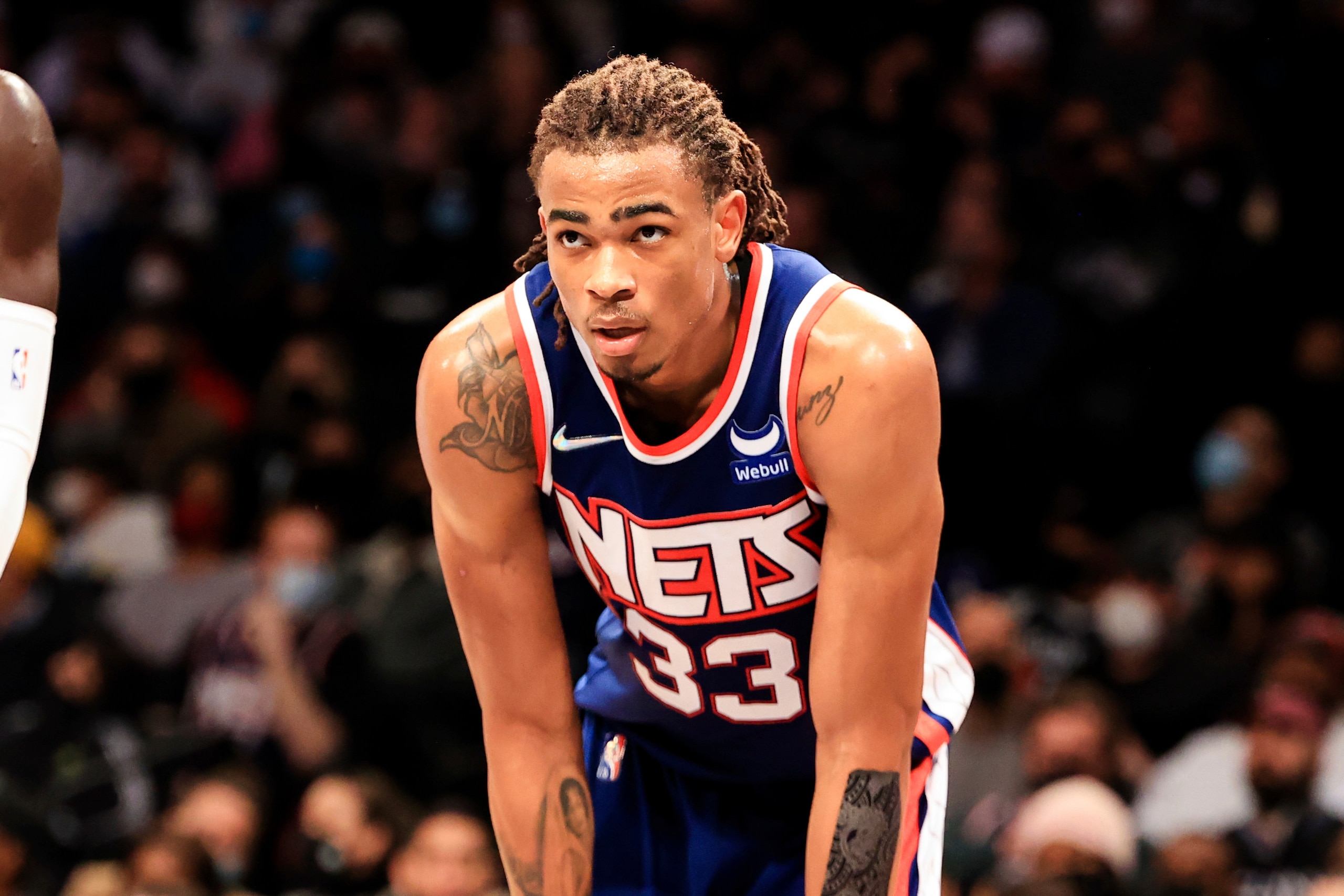 Brooklyn Nets forward Nic Claxton (33) looks on against the Los Angeles Clippers during the second half of an NBA basketball game, Saturday, Jan. 1, 2022, in New York. (AP Photo/Jessie Alcheh)