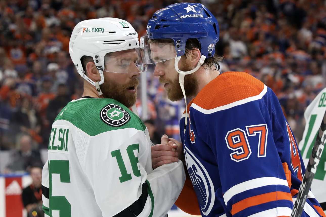 EDMONTON, CANADA - JUNE 02: Connor McDavid #97 of the Edmonton Oilers shakes hands with Joe Pavelski #16 of the Dallas Stars after Edmonton beat Dallas 2-1 in Game Six of the Western Conference Final of the 2024 Stanley Cup Playoffs at Rogers Place on June 02, 2024 in Edmonton, Alberta, Canada. (Photo by Codie McLachlan/Getty Images)